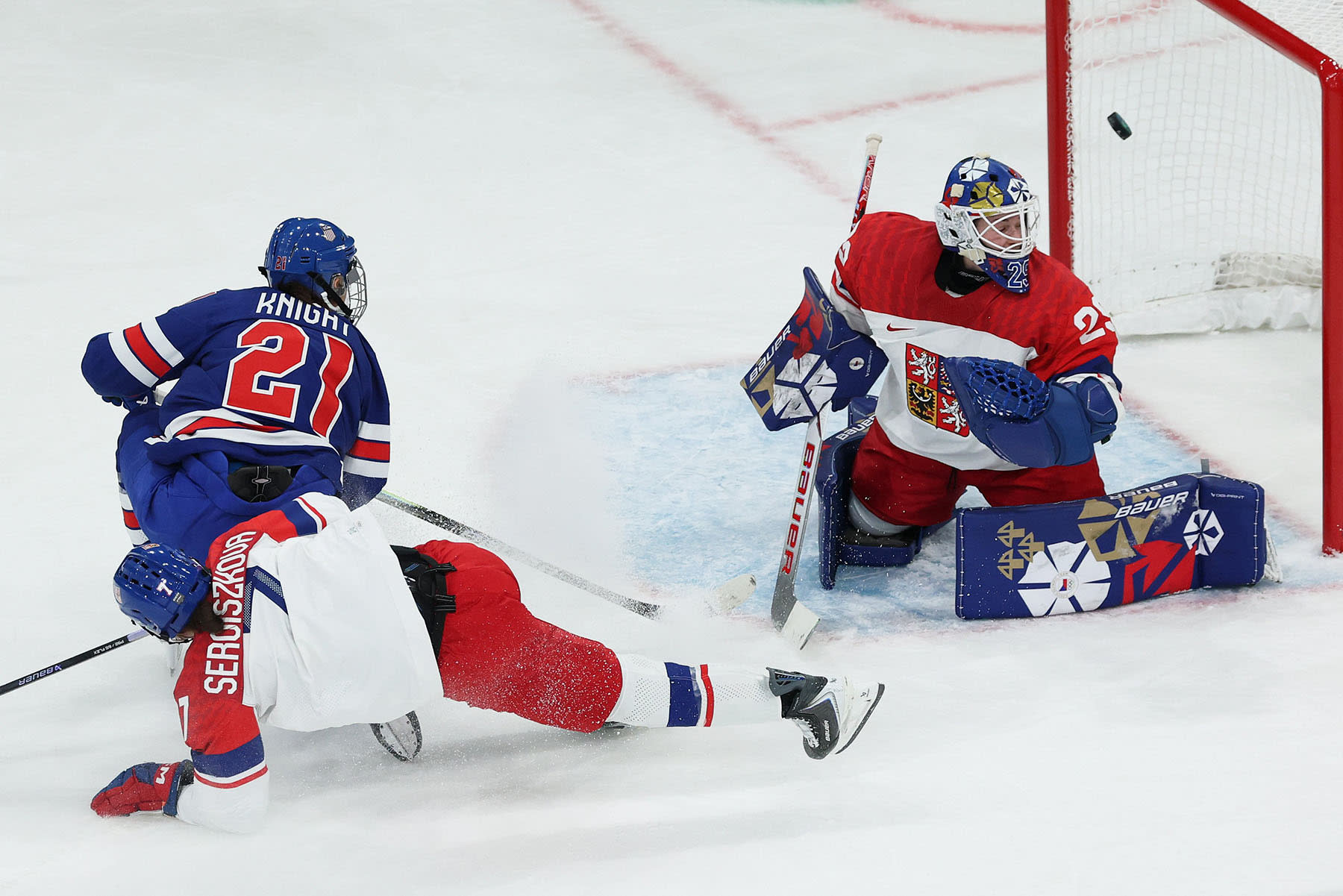 Hilary Knight #21 of Team United States scores a goal past Klara Peslarova of Czechiaon February 05, 2026 in Milan, Italy. 