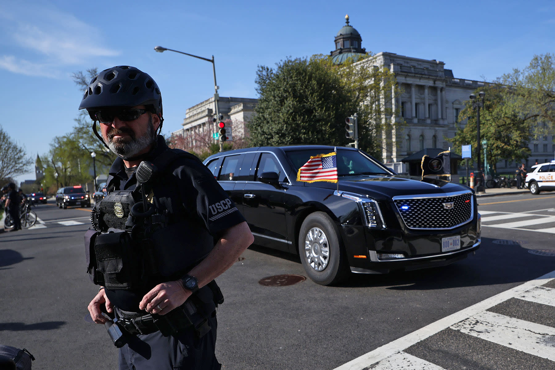 President Donald Trump's limousine arrives at the Supreme Court on April 1, 2026.