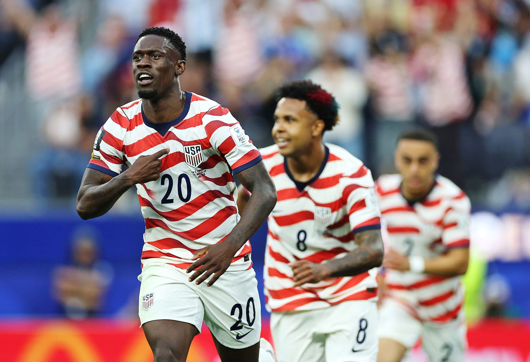 Folarin Balogun of the United States celebrates scoring his team's second goal during a match against Paraguay at Los Angeles Stadium on June 12, 2026 in Inglewood, Calif.