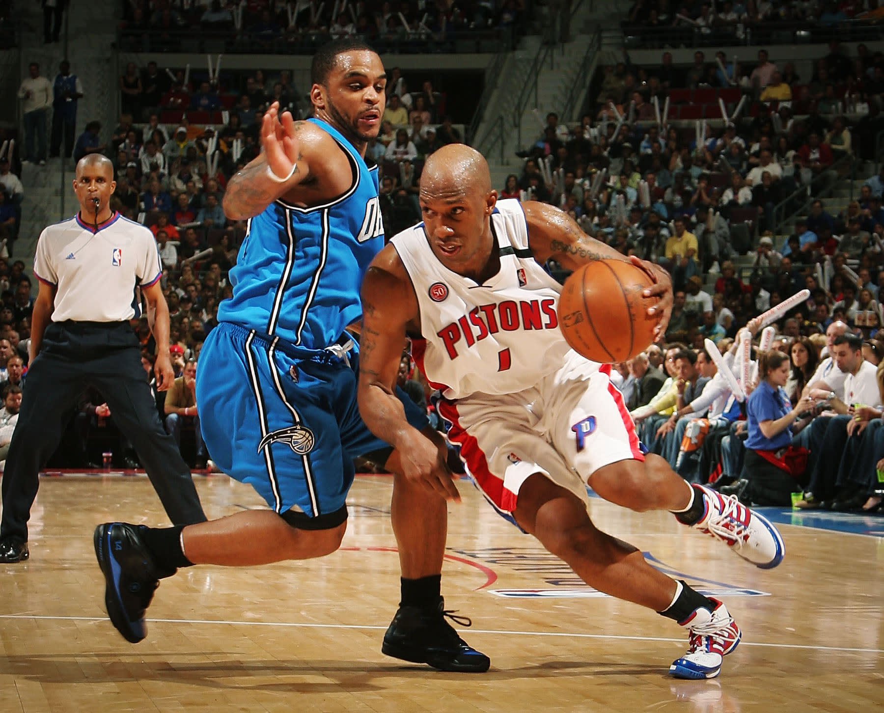 Chauncey Billups of the Detroit Pistons drives against Jameer Nelson of the Orlando Magic in 2008.