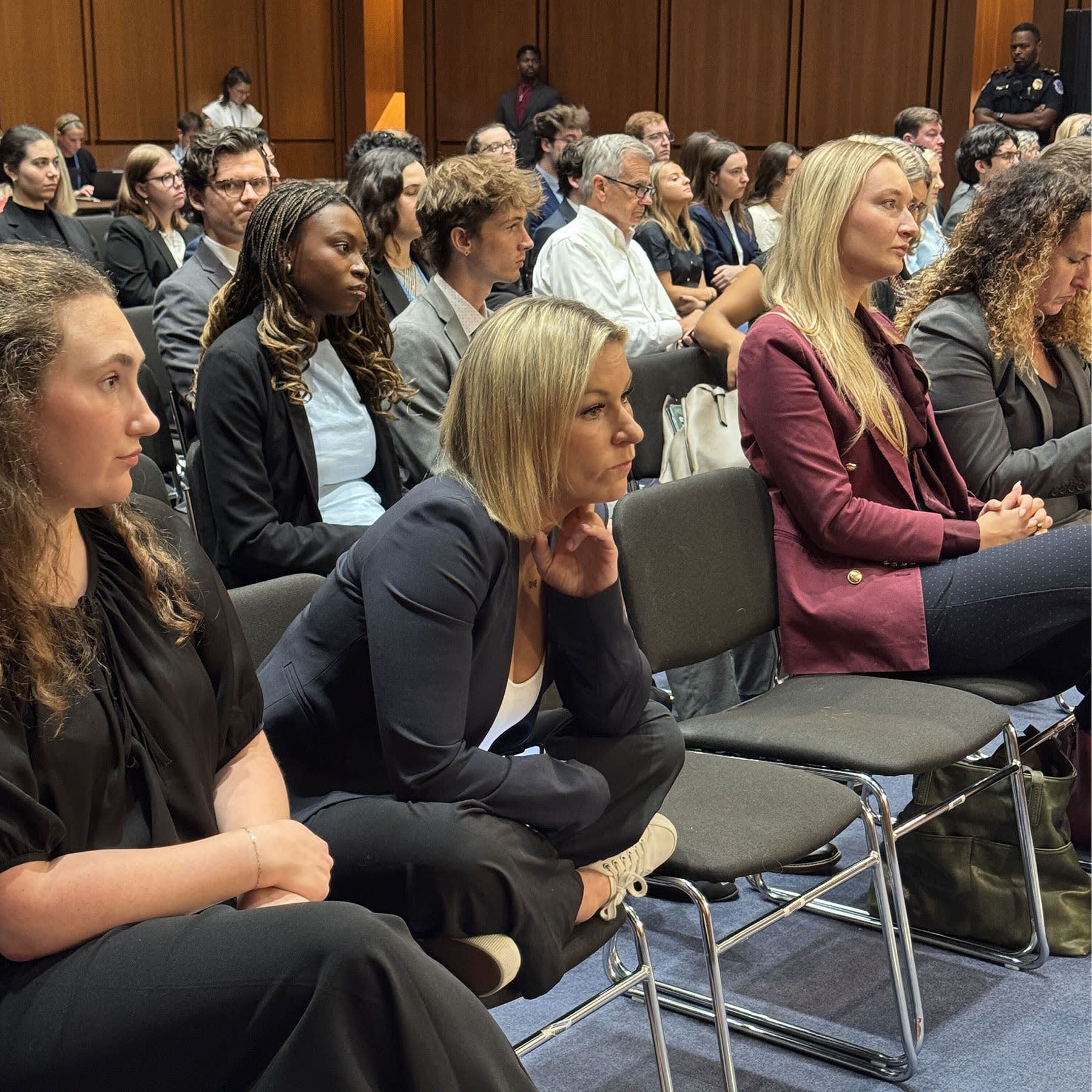 Jeffrey Epstein survivor Dani Bensky listens as members of the Senate Judiciary Committee gather to vote on the nomination of Todd Blanche to be U.S. Attorney General on Aug. 4, 2026.