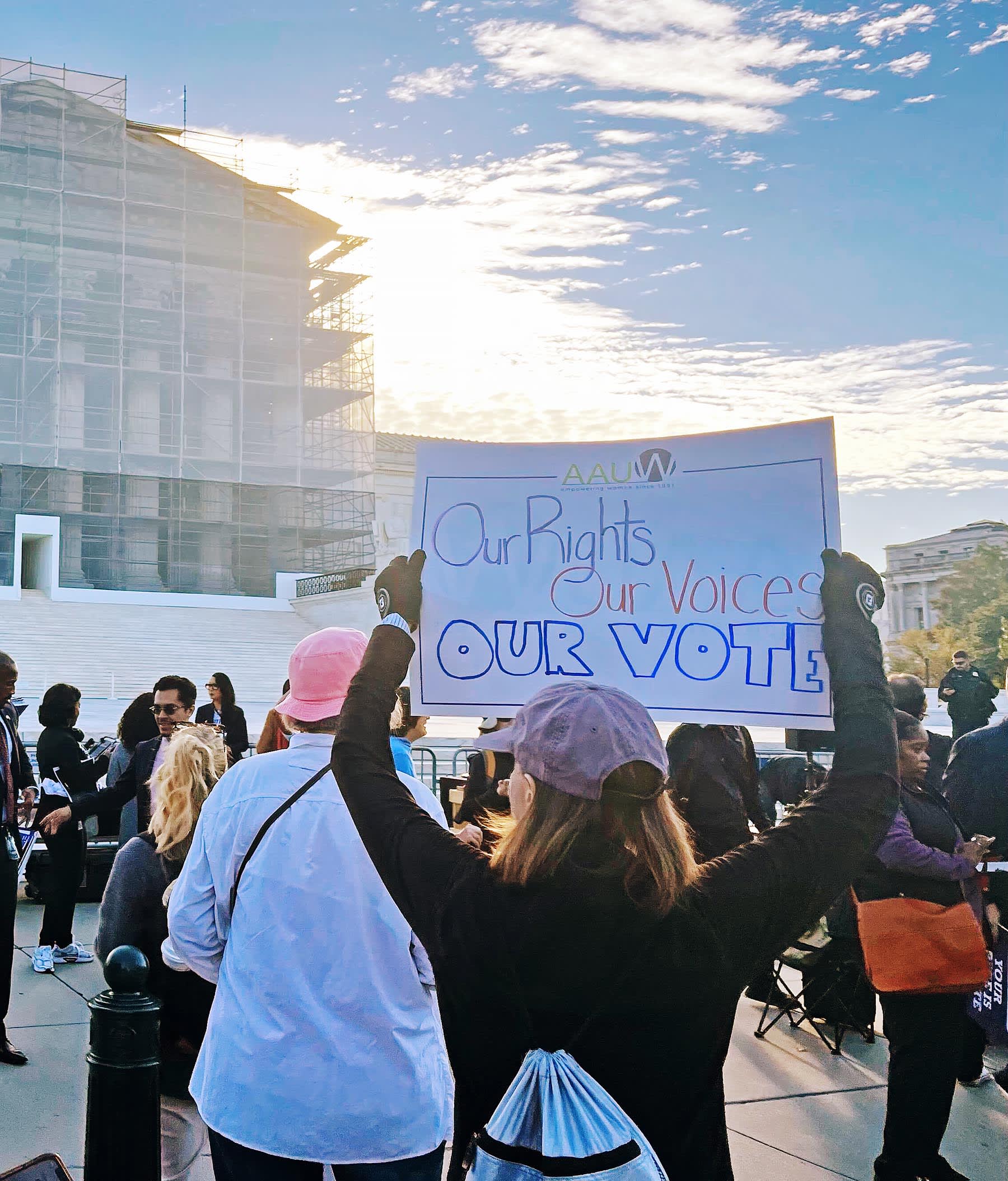 Demonstrators rally outside the Supreme Court on on Oct. 15, 2025, to protest the challenge to the Voting Rights Act.