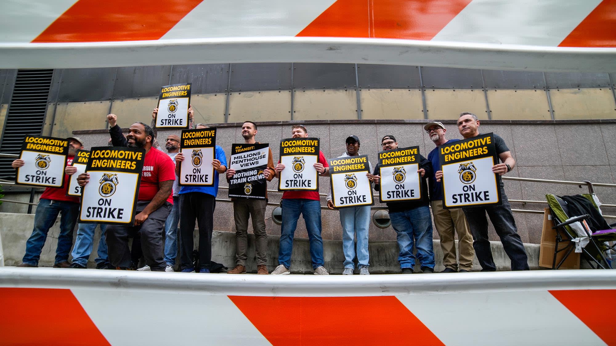 New Jersey Transit engineers strike near Newark-Penn Station in Newark on May 16, 2025. 