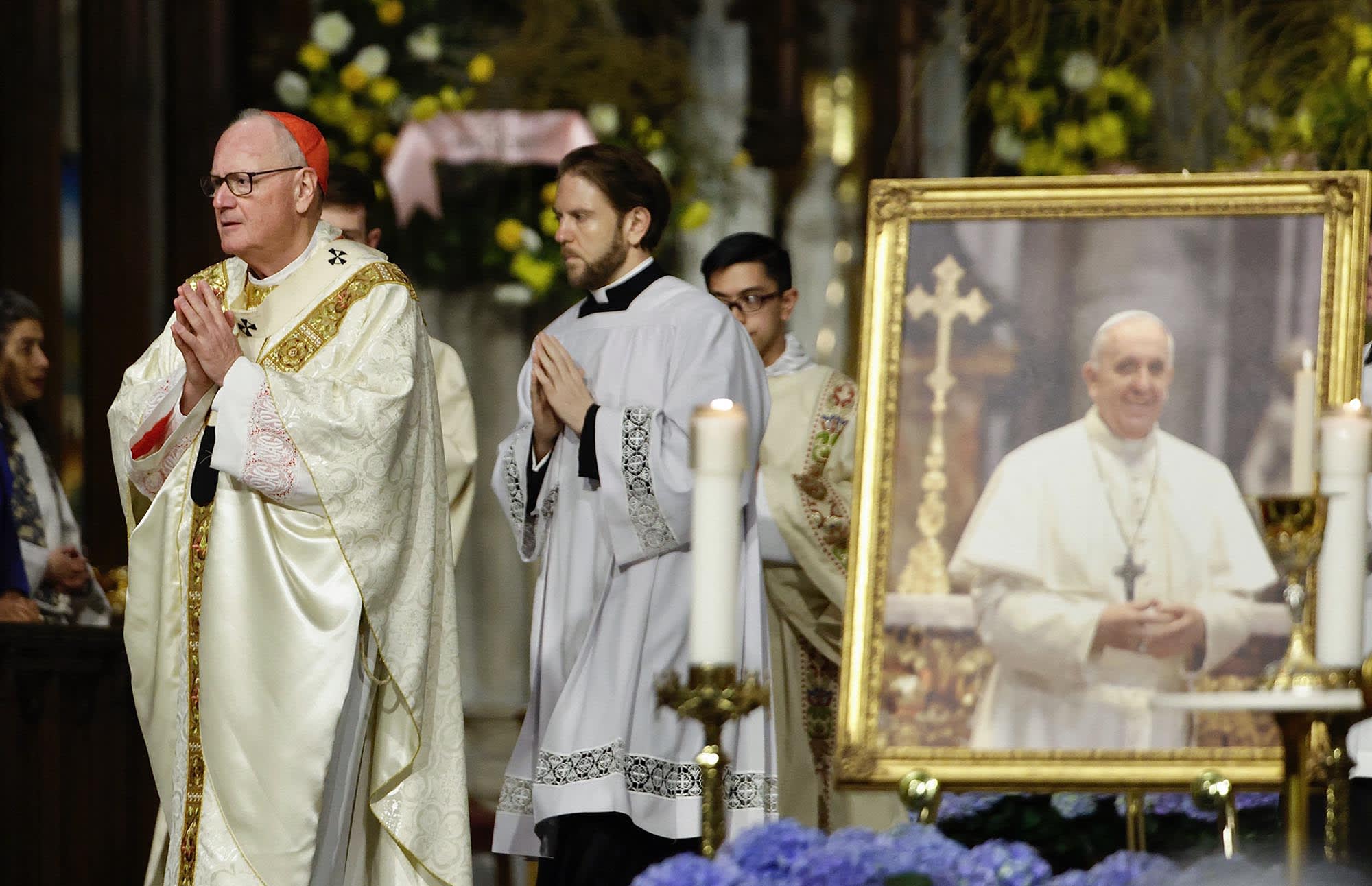Cardinal Timothy Dolan arrives for a Mass for Pope Francis at St. Patrick's Cathedral in New York on April 22, 2025. 