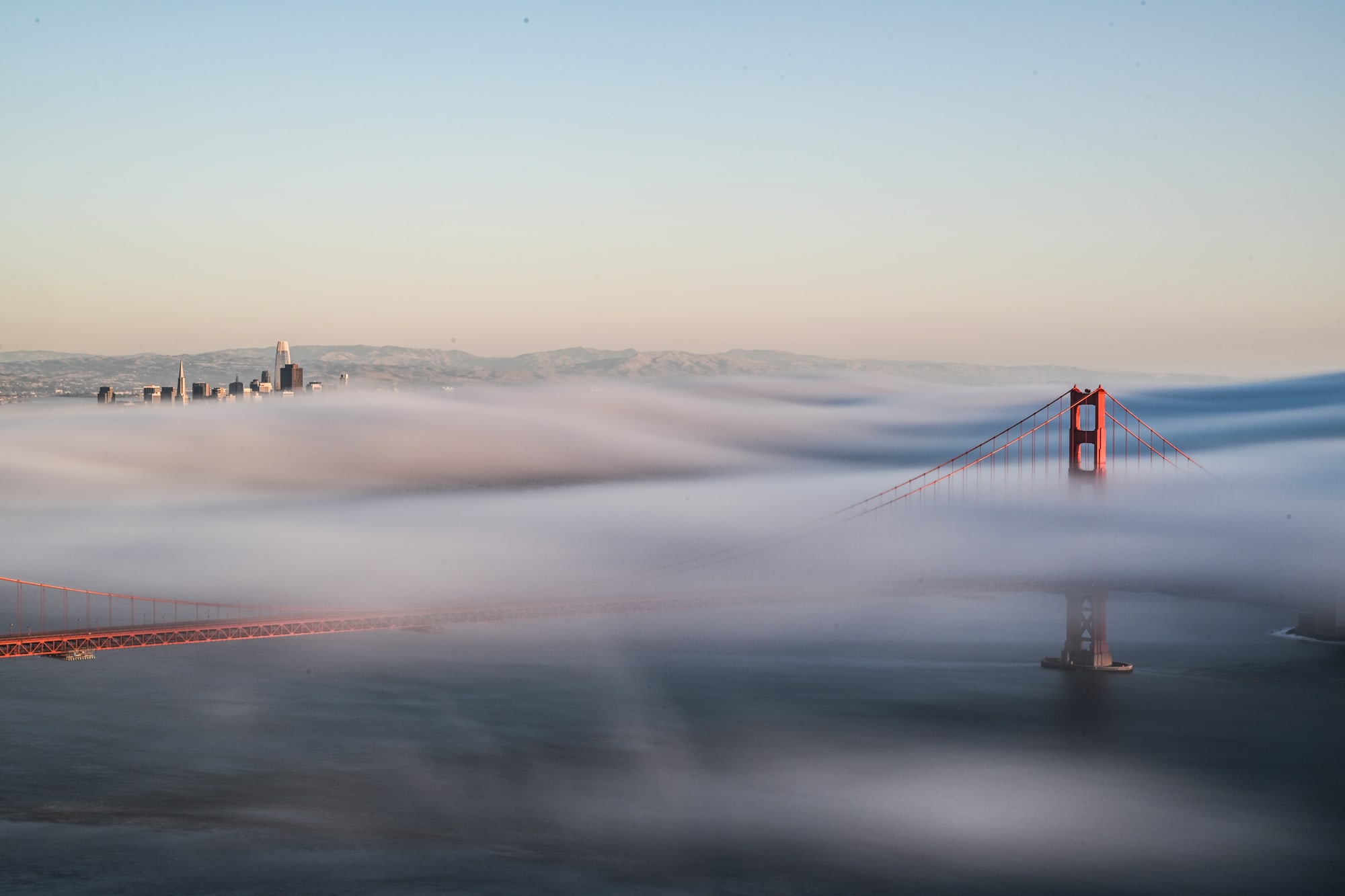 Fog blankets the Golden Gate Bridge of San Francisco