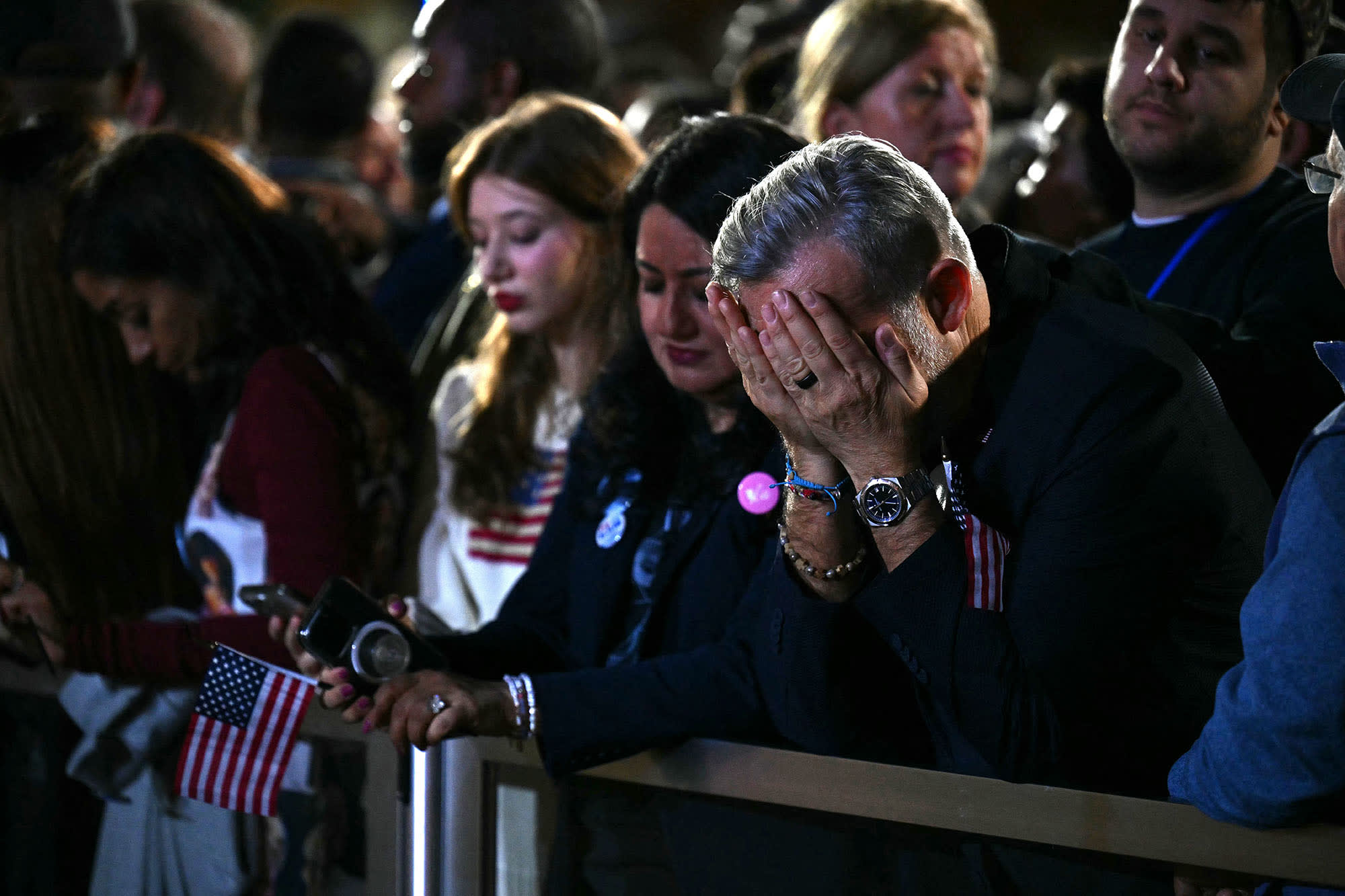Supporters react to election results during an election night event for Vice President and Democratic presidential candidate Kamala Harris at Howard University in Washington, DC, on November 5, 2024.