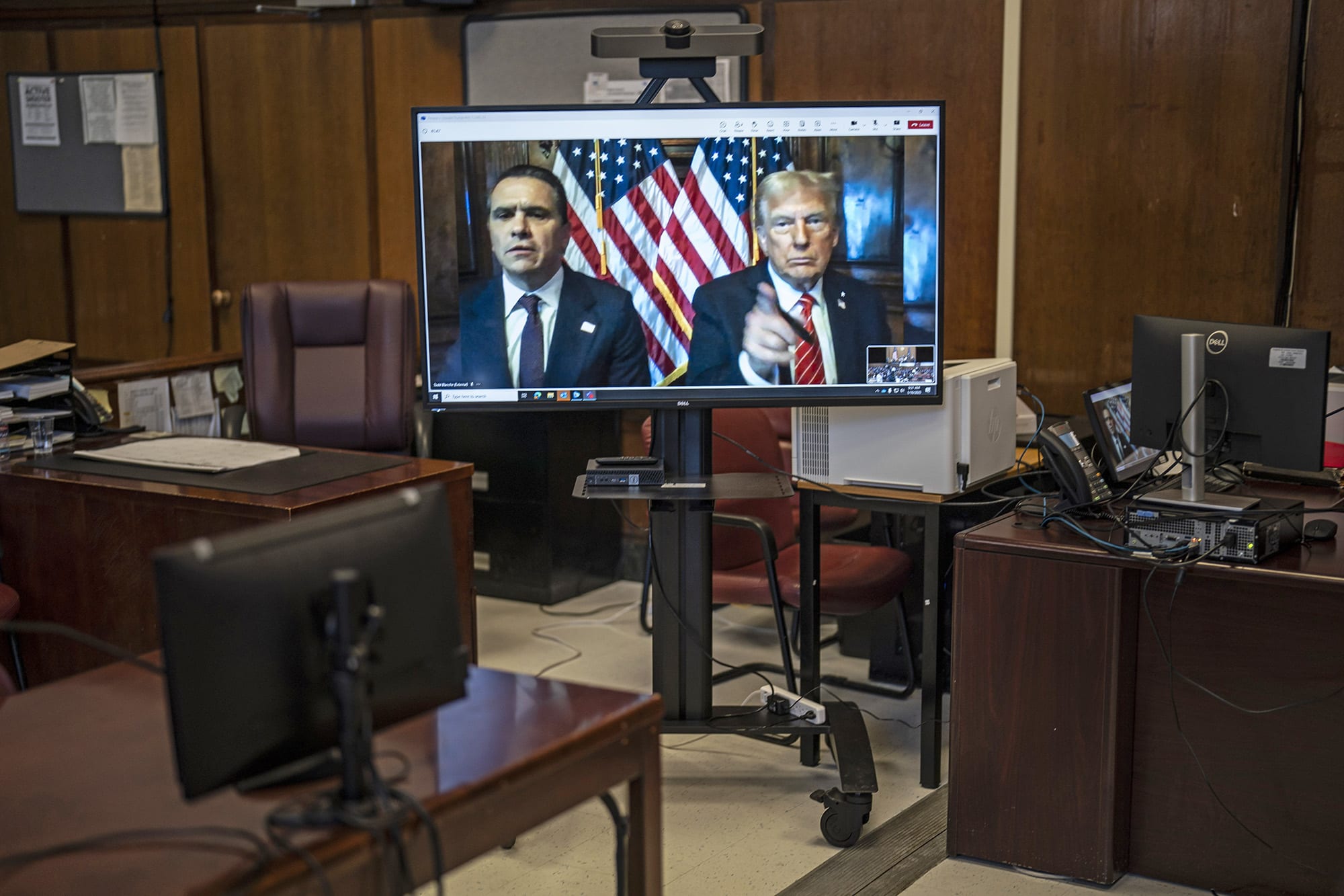 President-elect Donald Trump appears remotely for a sentencing hearing with his attorney Todd Blanche at Manhattan Criminal Court on January 10, 2025 in New York City.