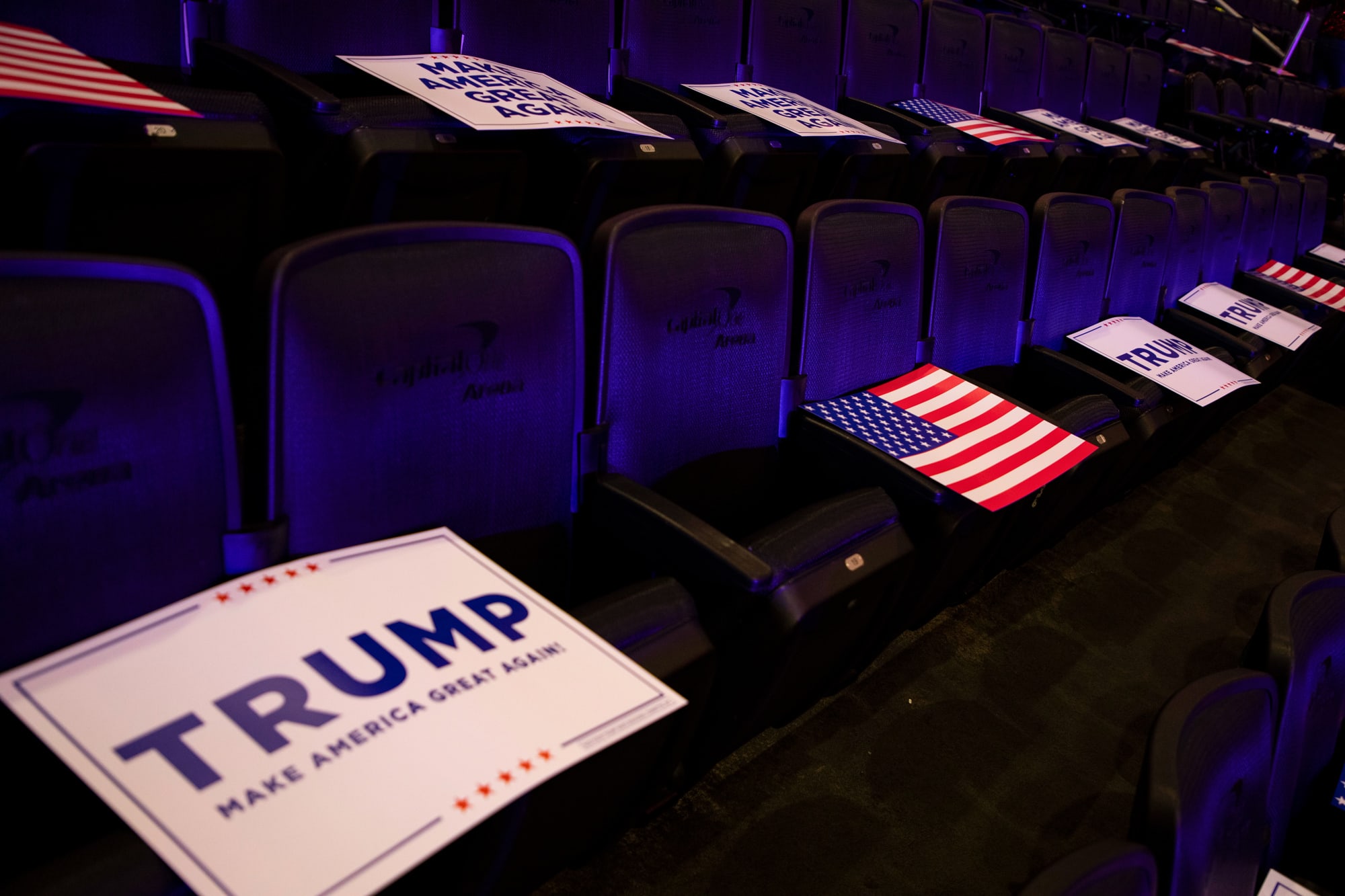 Trump posters are seen on empty stadium seats
