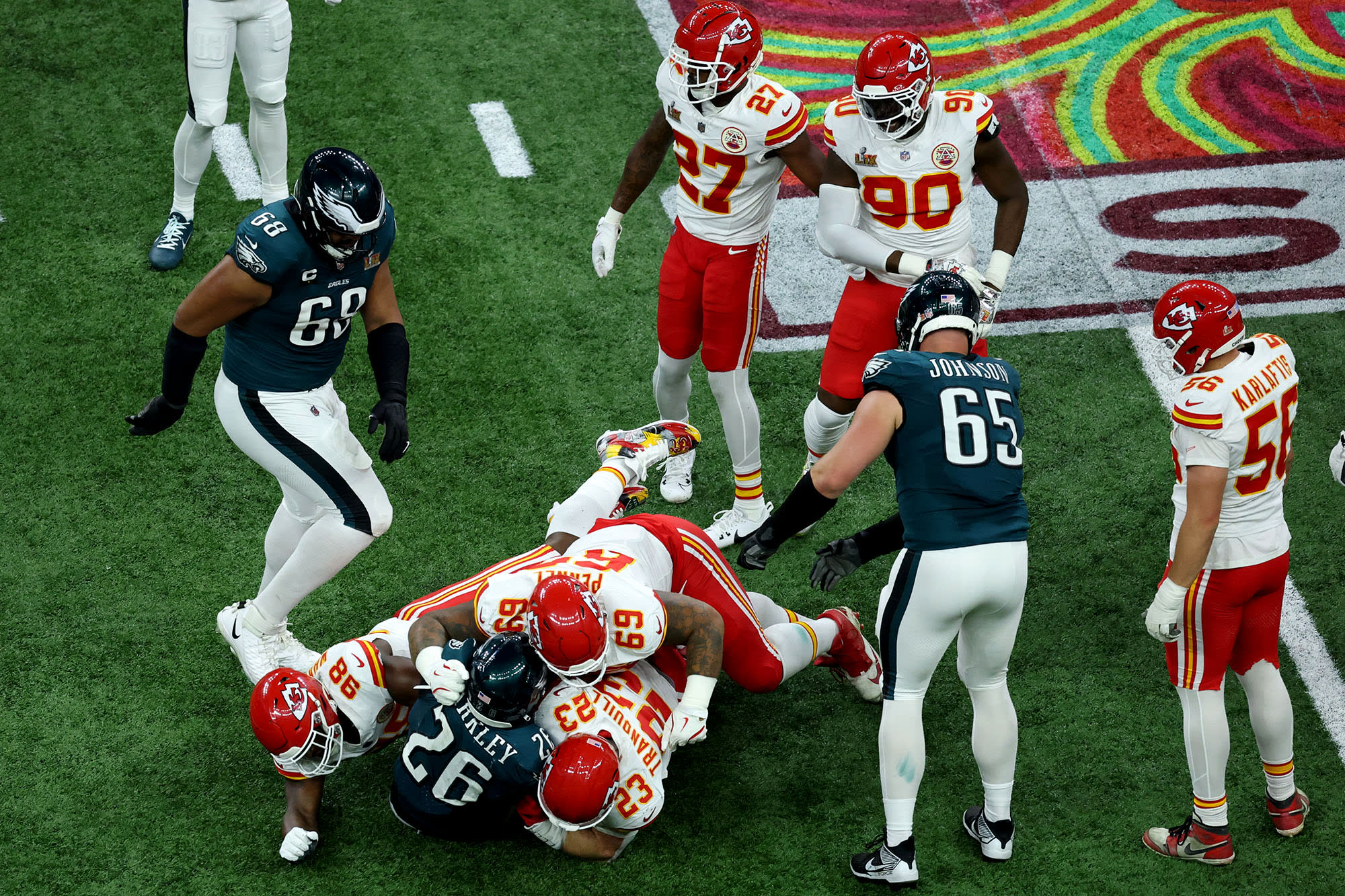 Saquon Barkley is tackled in the second quarter. 