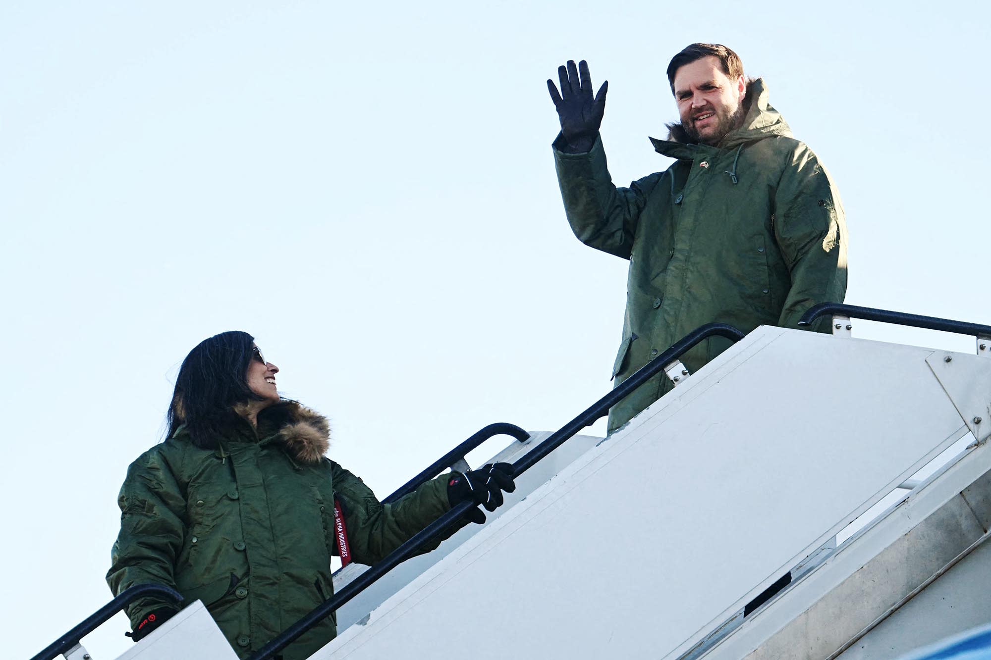 Vice President JD Vance and second lady Usha Vance arrive at the U.S. military's Pituffik Space Base in Greenland on March 28, 2025. 