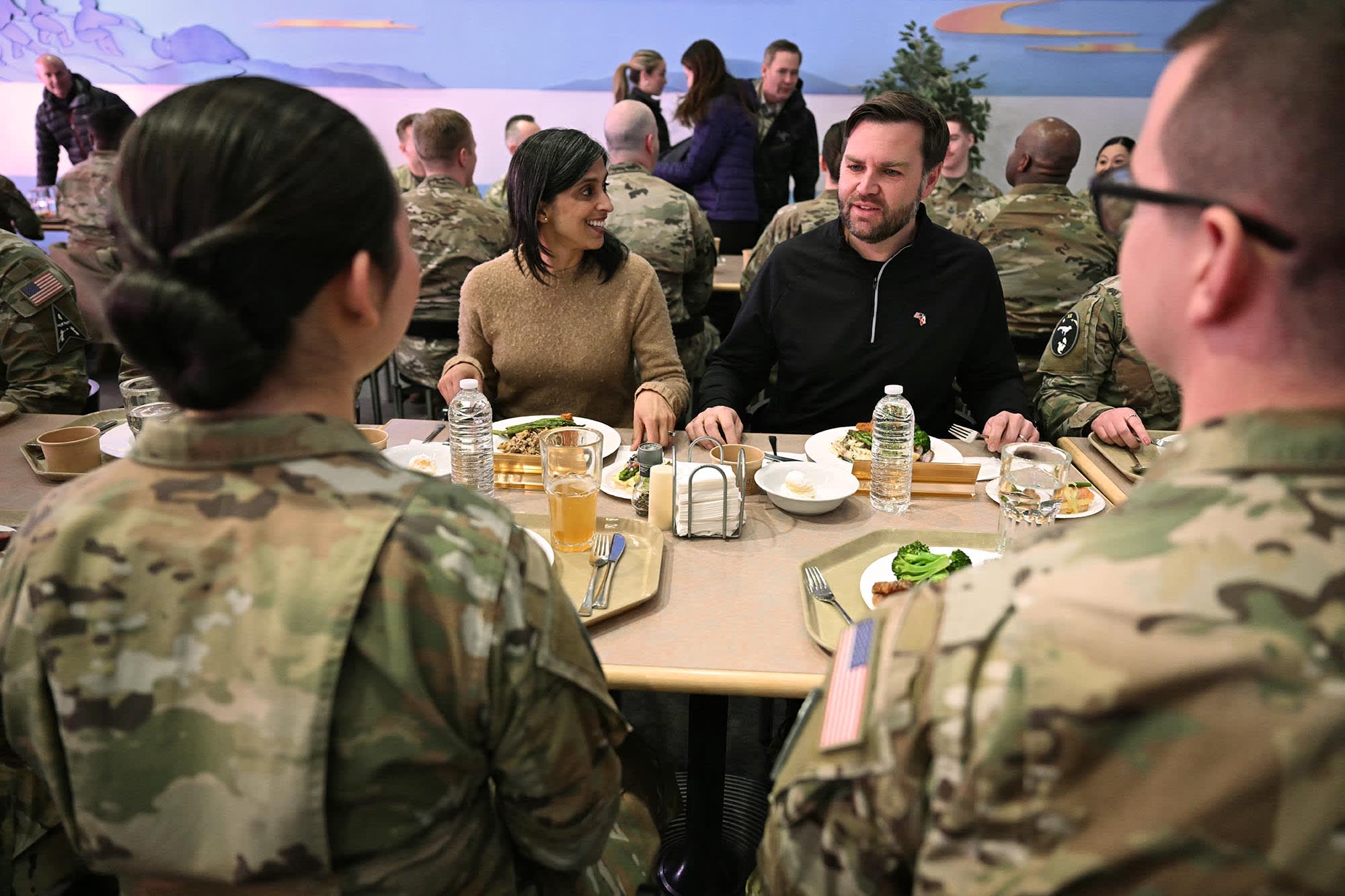 Vice President JD and second lady Usha Vance eat with soldiers at the U.S military's Pituffik Space Base in Greenland on March 28, 2025.