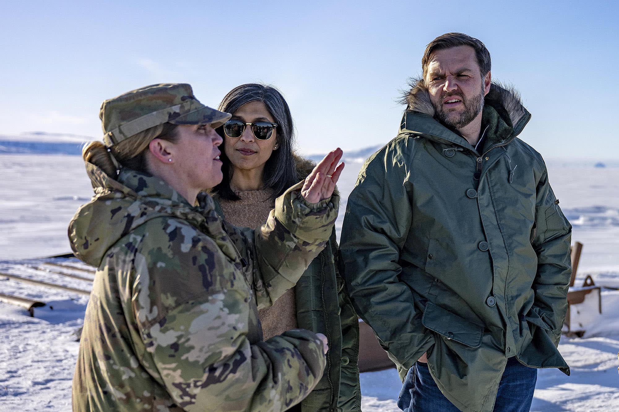 Col. Susan Meyers, commander of the Pituffik Space Base, speaks with Vice President JD Vance and second lady Usha Vance as they tour the base in Greenland 