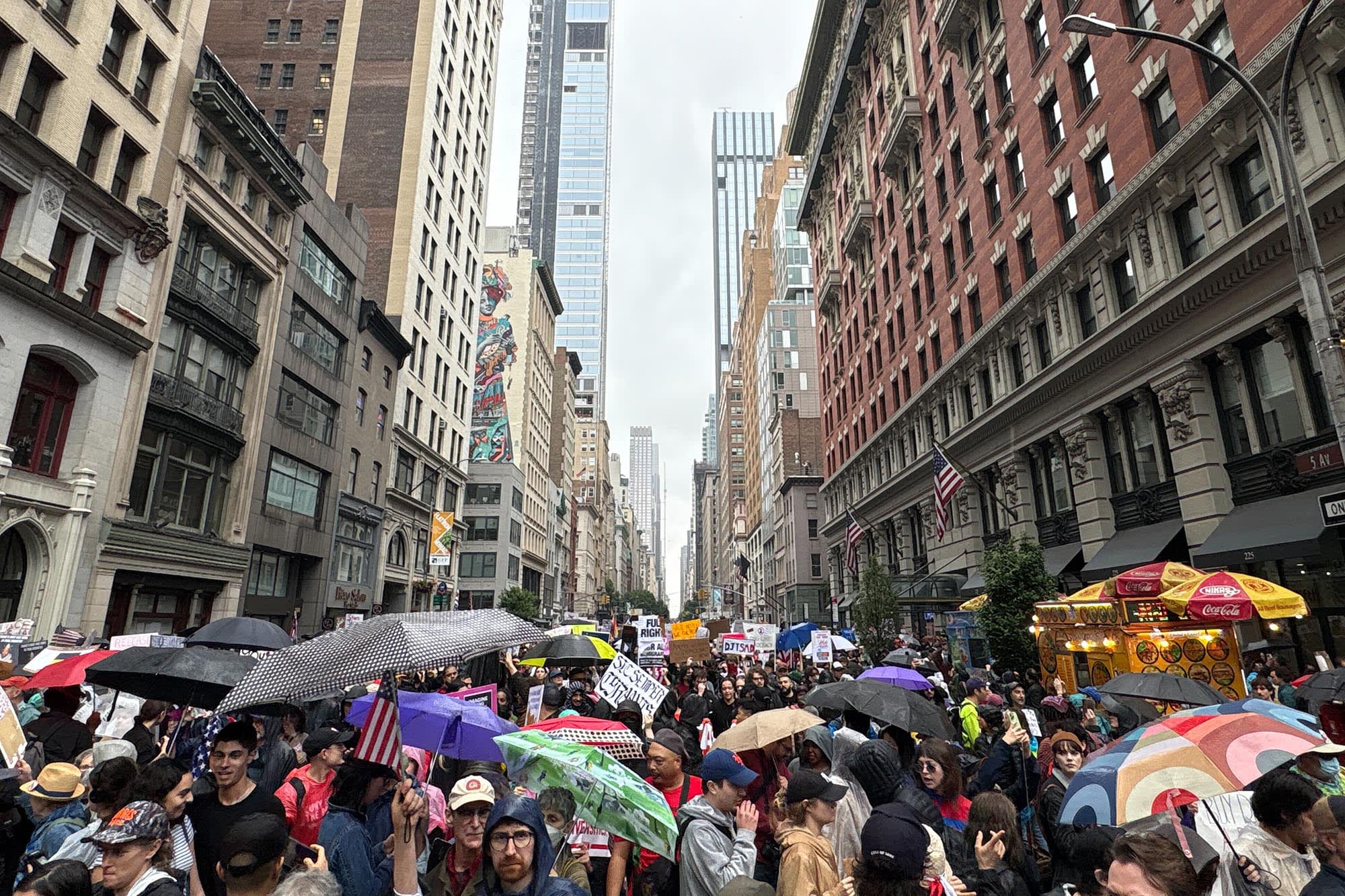 Blocks of Fifth Avenue remain jam packed with thousands of protesters, hours into Manhattan’s “No Kings” march.