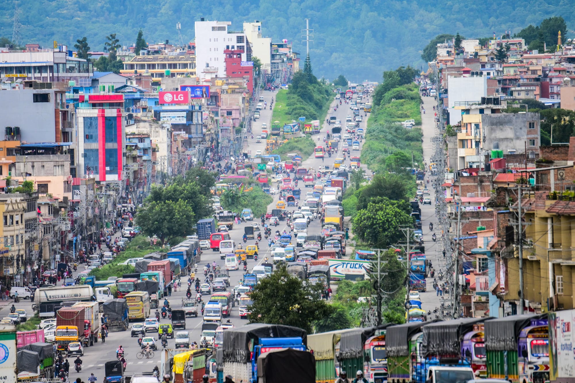 Trucks and other vehicles remain stranded along the Kalanki-Thankot-Nagdhunga route