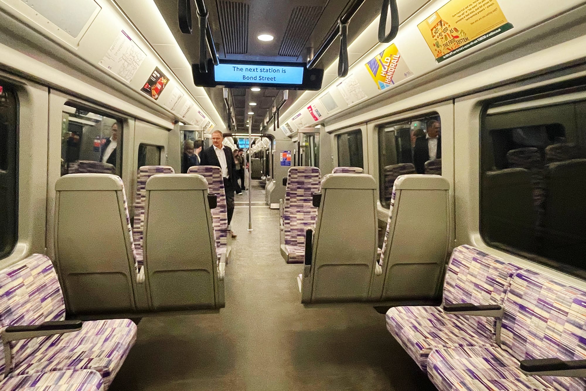 A mostly empty train on London’s typically busy Elizabeth line with the usual flow of passengers headed to and from Heathrow absent on March 21, 2025.