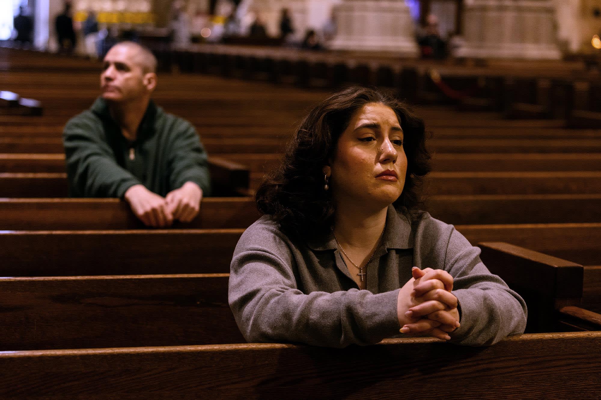 Mourners gather at St. Patrick's Cathedral to pay respects to Pope Francis on April 21, 2025 in New York.