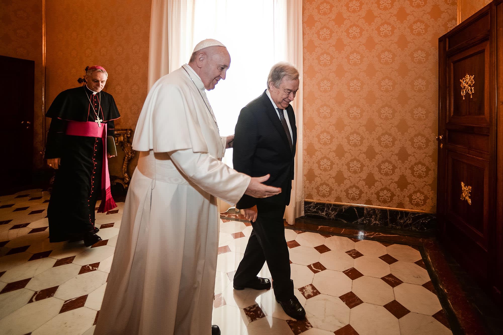 Pope Francis greets U.N. Secretary-General Antonio Guterres at the Vatican in 2019.