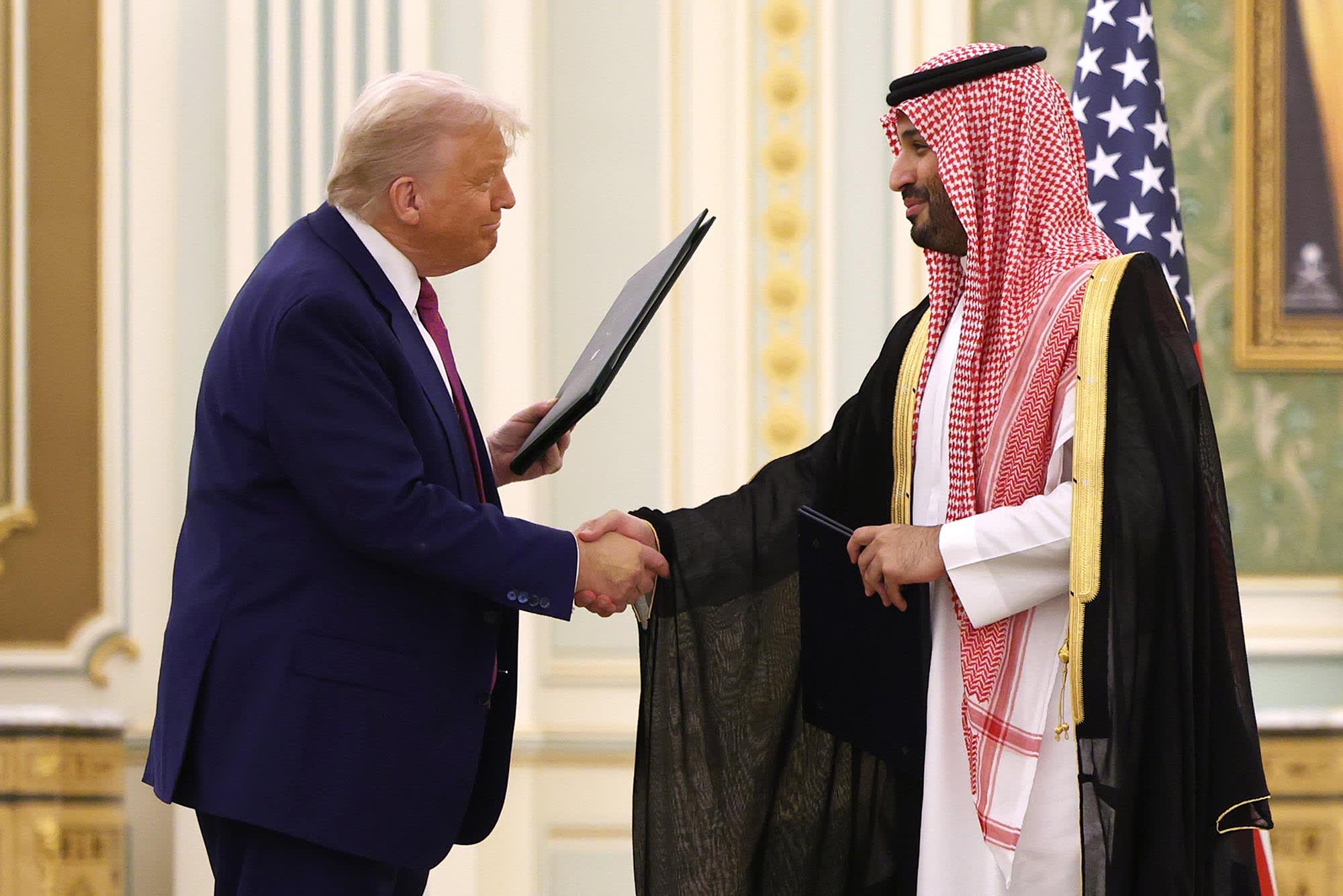 President Donald Trump and Saudi Crown Prince Mohammed bin Salman attend a signing ceremony at the Saudi Royal Court on May 13, 2025.