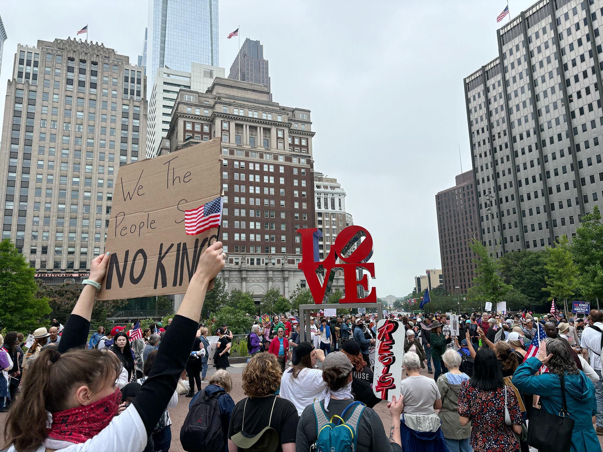 A crowd gathers at Love Park in Philadelphia for a "No Kings" rally.