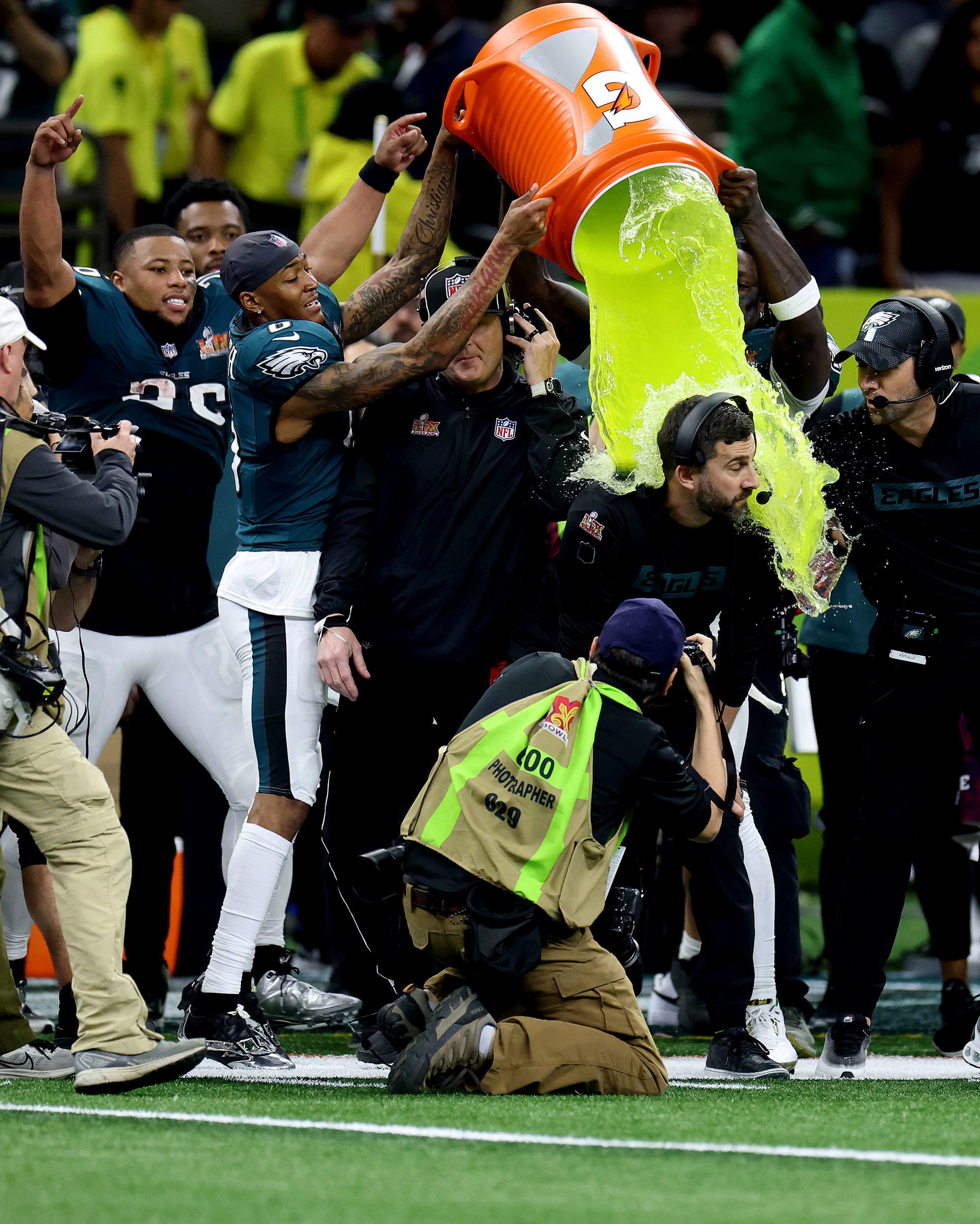 Head coach Nick Sirianni of the Philadelphia Eagles is showered with Gatorade in the fourth quarter against the Kansas City Chiefs. 