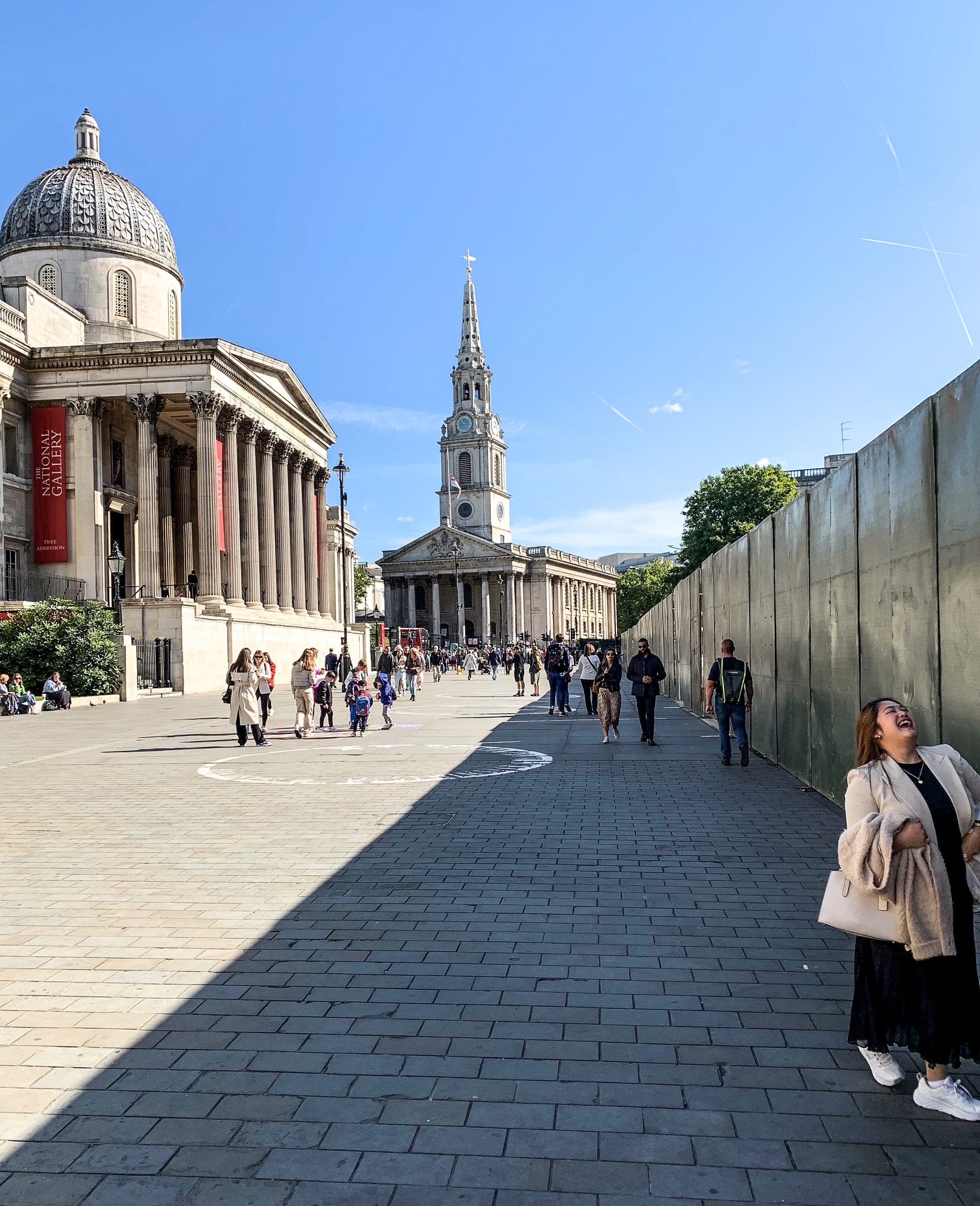 Large barriers around Trafalgar Square in London on Sept. 17, 2022.