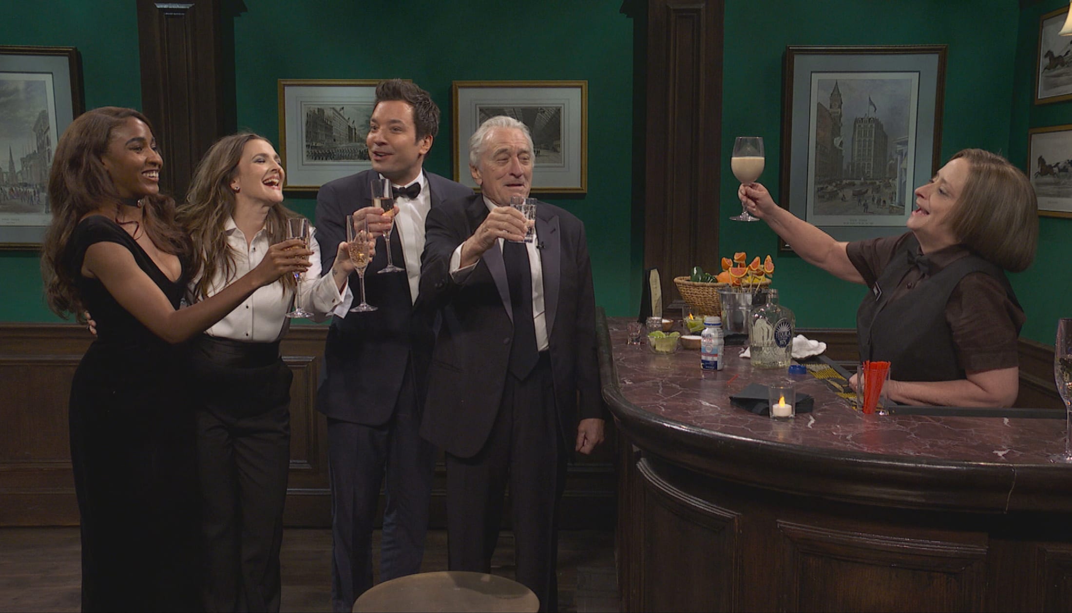 Ayo Edebiri, Drew Barrymore, Jimmy Falon, Robert De Niro and Rachel Dratch on SNL50.