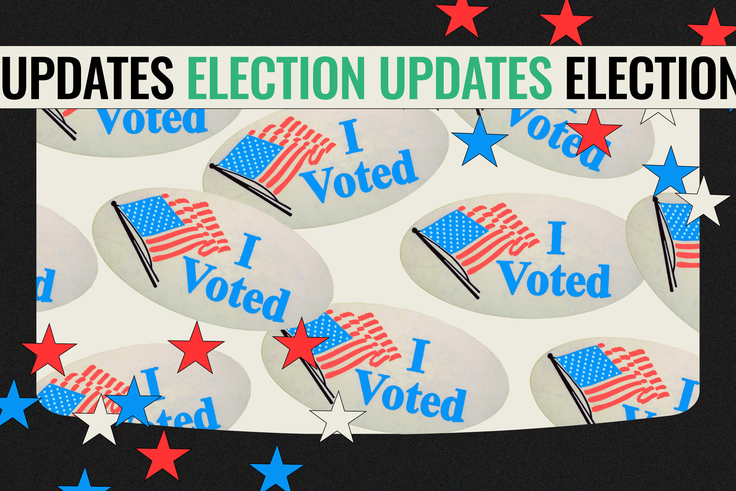 Photo illustration of "I Voted" stickers on a TV screen, surrounded by red, white and blue stars, and a chyron reads ELECTION UPDATES.
