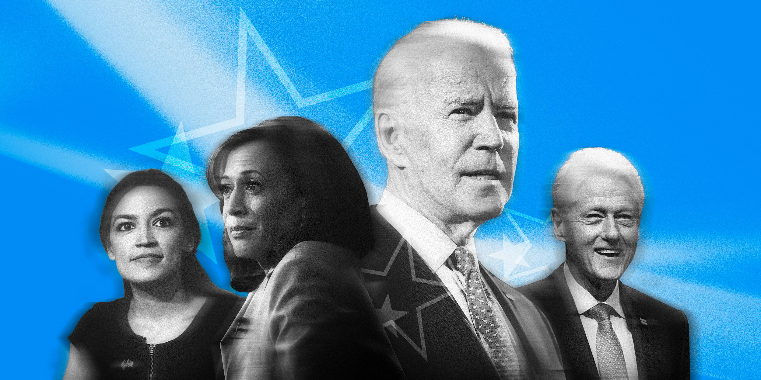 Image: Rep. Alexandria Ocasio-Cortez, Sen. Kamala Harris, Joe Biden and Bill Clinton.