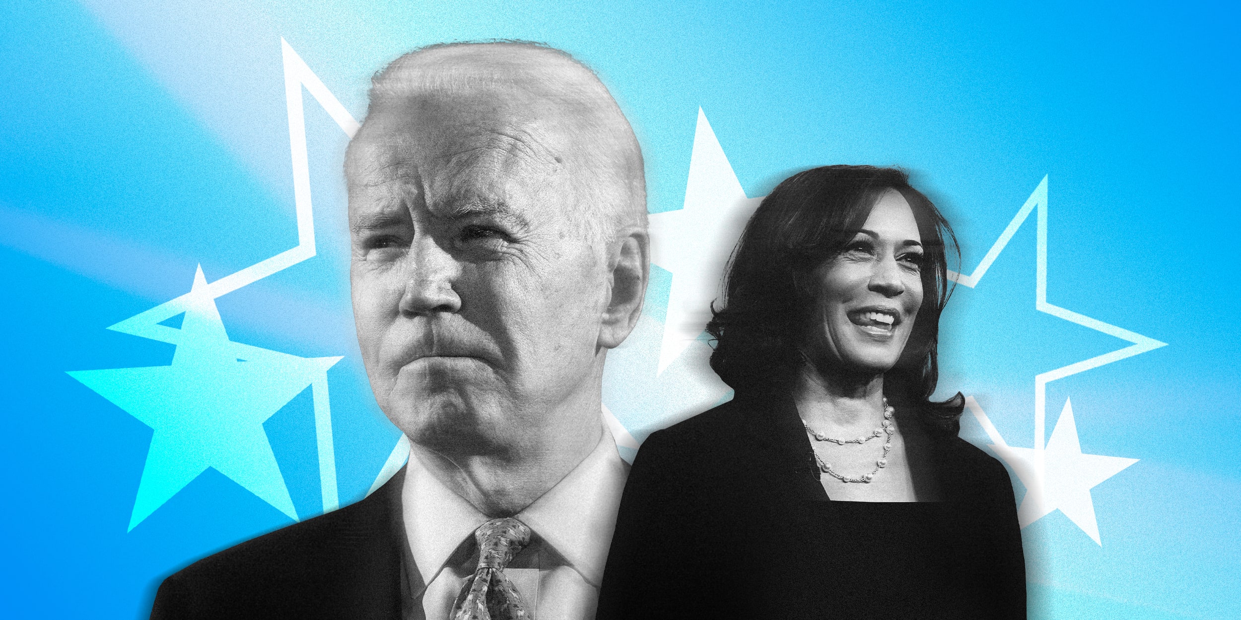 Image: Joe Biden and Kamala Harris on a blue background with white stars.