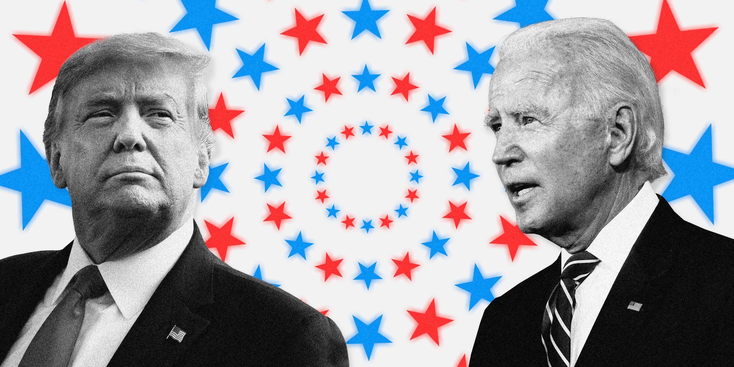 Image; President Donald Trump and Joe Biden on a background of red and blue stars in concentric circles.