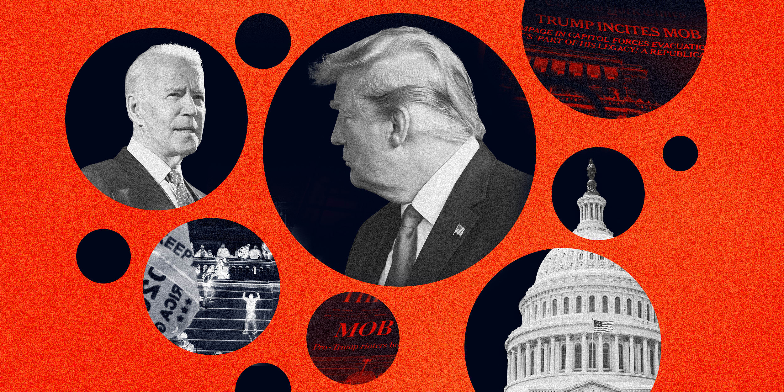 Image: Navy circles show scenes from the mob at the Capitol, Joe Biden, Donald Trump and newspaper headlines.