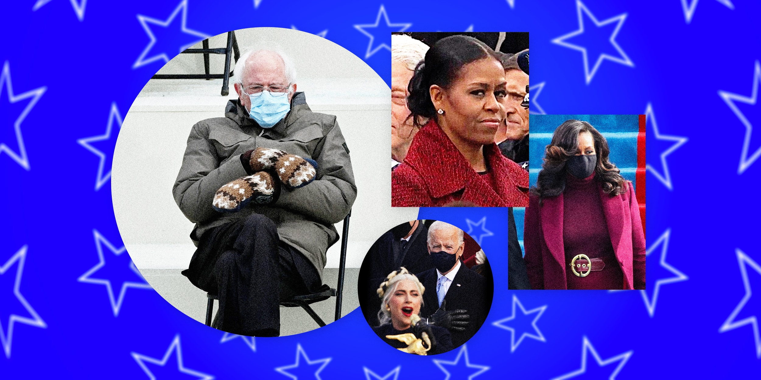 Image: Memes show Bernie Sanders wearing mittens, Michelle Obama's inauguration outfit, and Joe Biden gazing at Lady Gaga.
