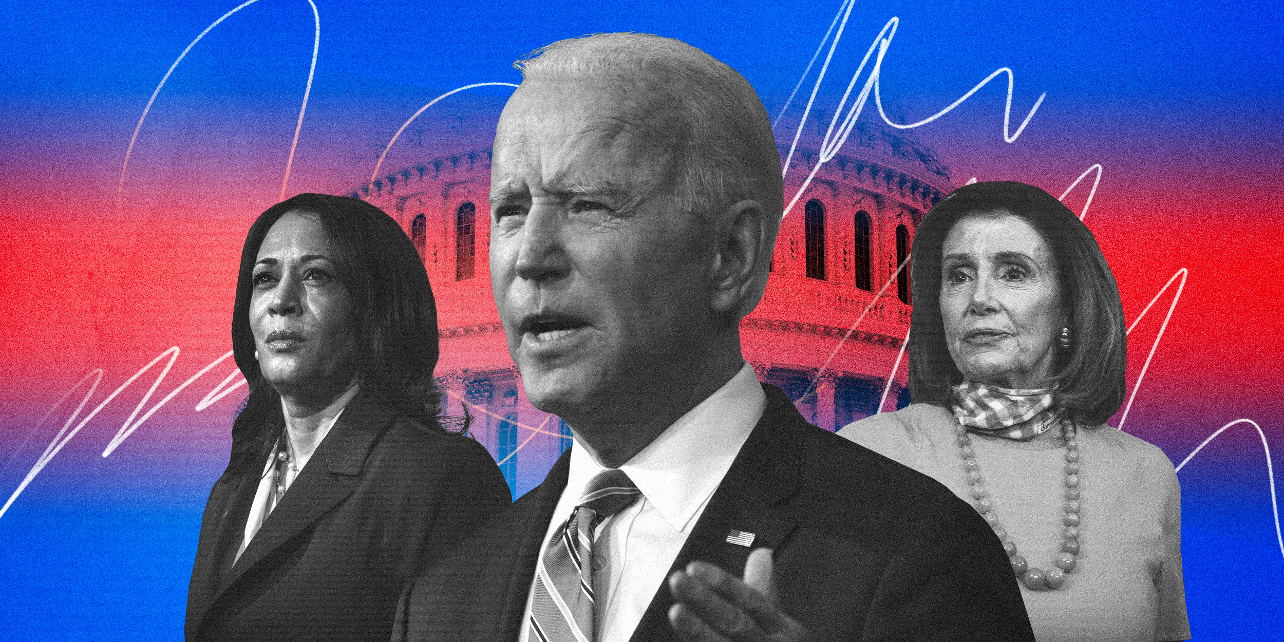 Illustration of President Joe BIden, Vice President Kamala Harris and House Speaker Nancy Pelosi with the Capitol behind them.