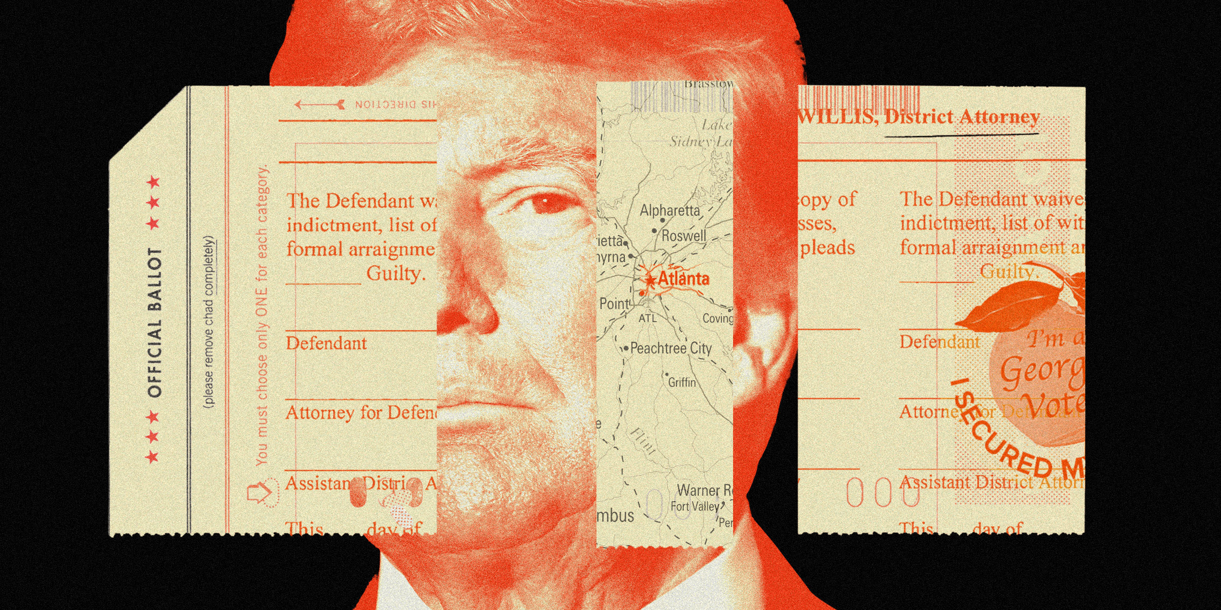 Collage of Trump, an official ballot, a map of metro Atlanta, and an "I'm a Georgia Voter" sticker 