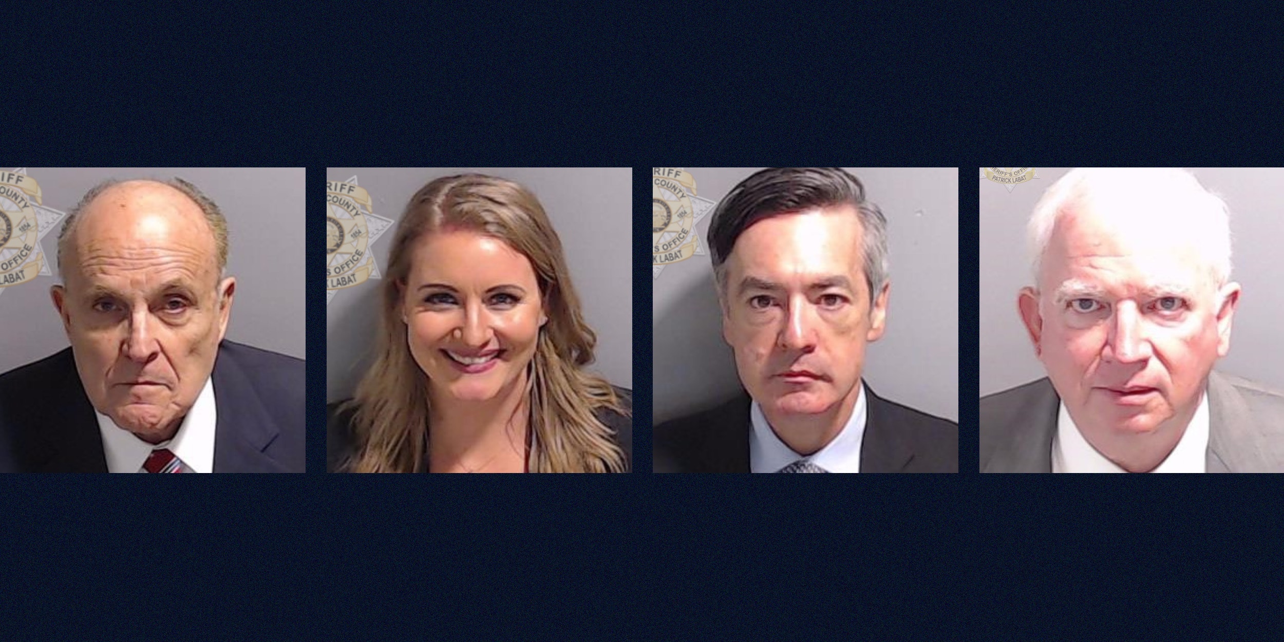 Booking mugshots of Rudy Giuliani, Jenna Ellis, Kenneth Chesebro, and John Eastman