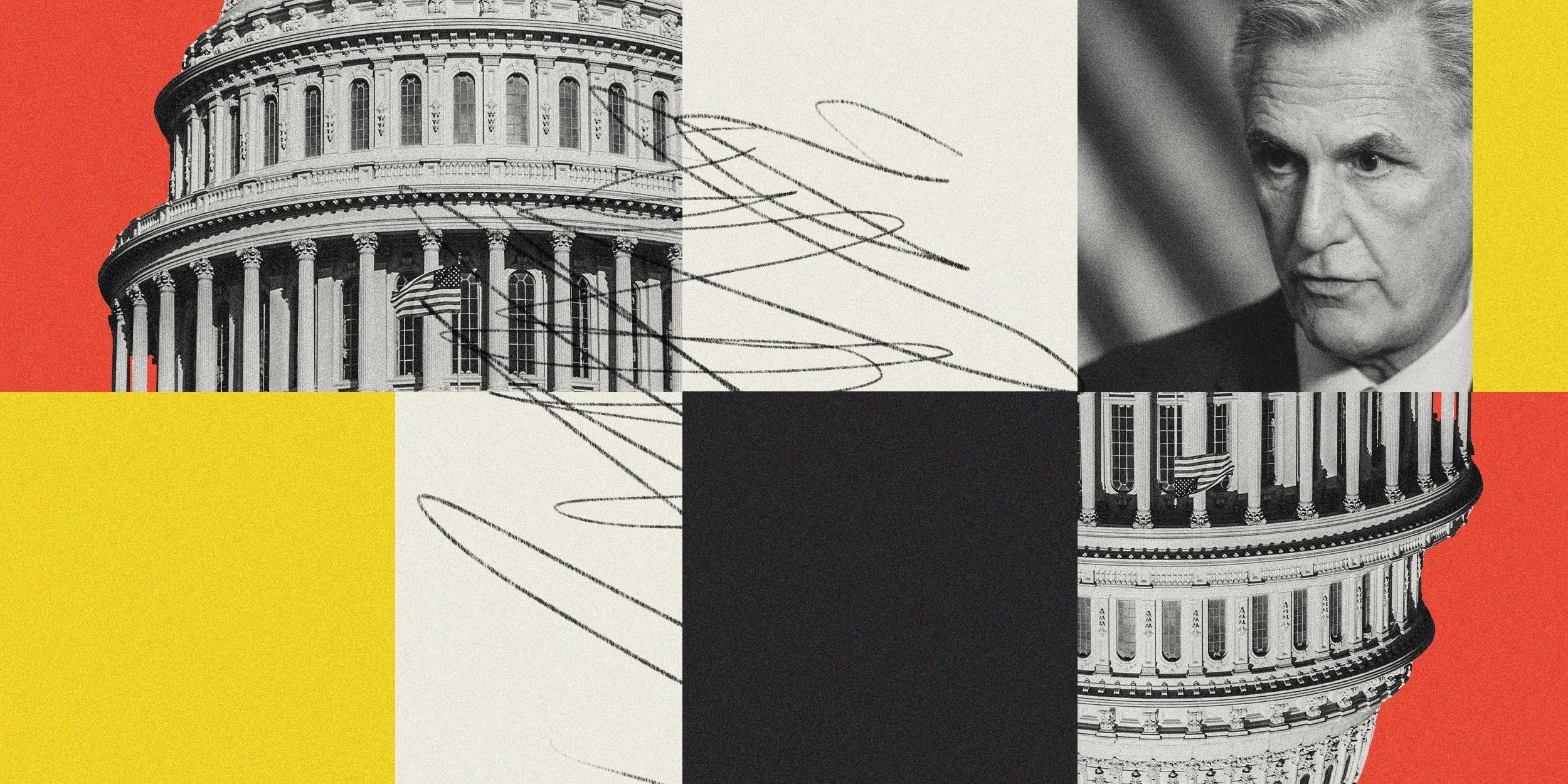 Photo illustration of the Capitol in Washington, chaotic scribbles, and House Speaker Kevin McCarthy.