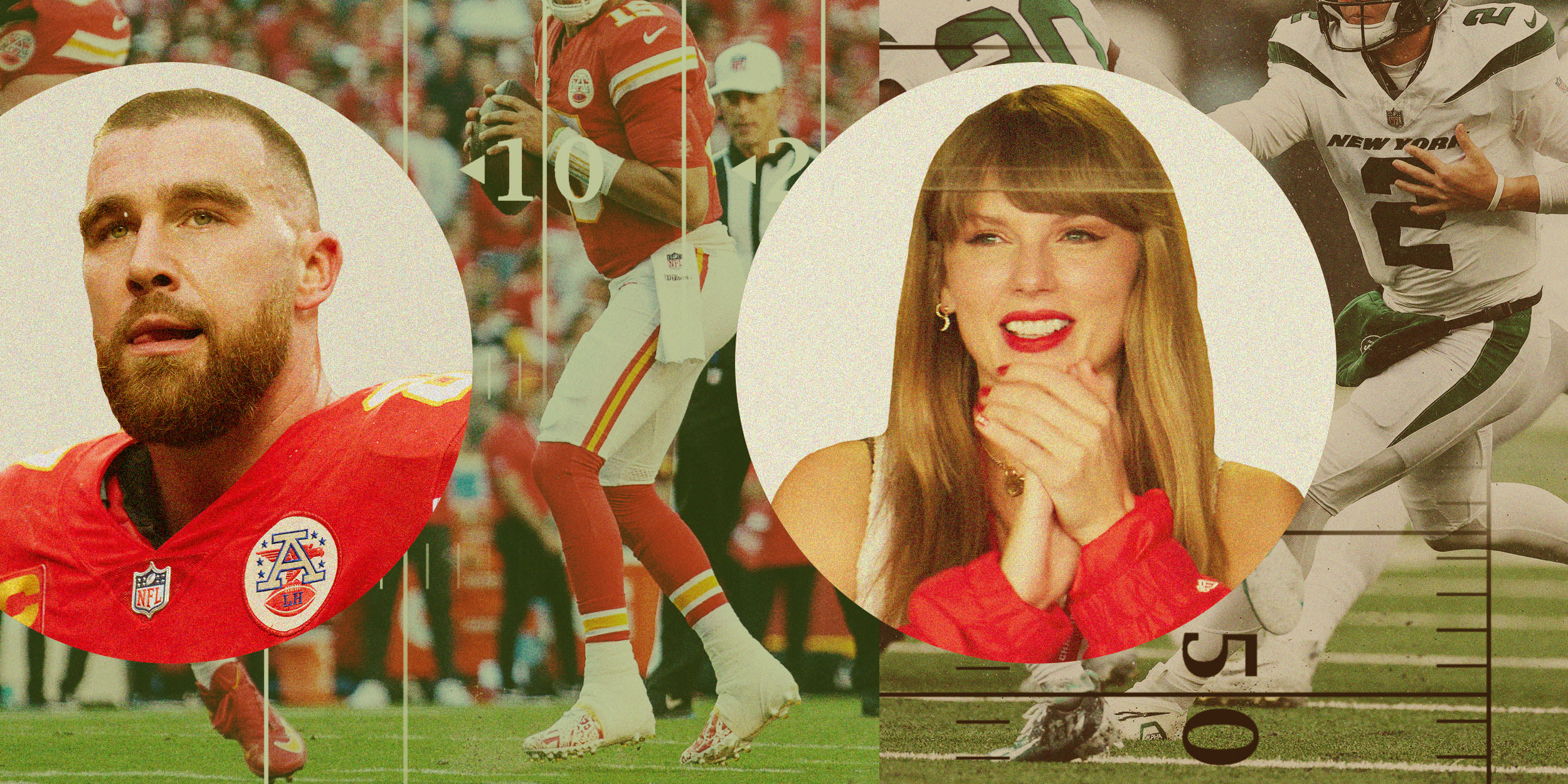 Photo illustration of Travis Kelce, a Kansas City Chiefs tight end, Taylor Swift, and players of the Kansas City Chiefs and New York Jets playing.
