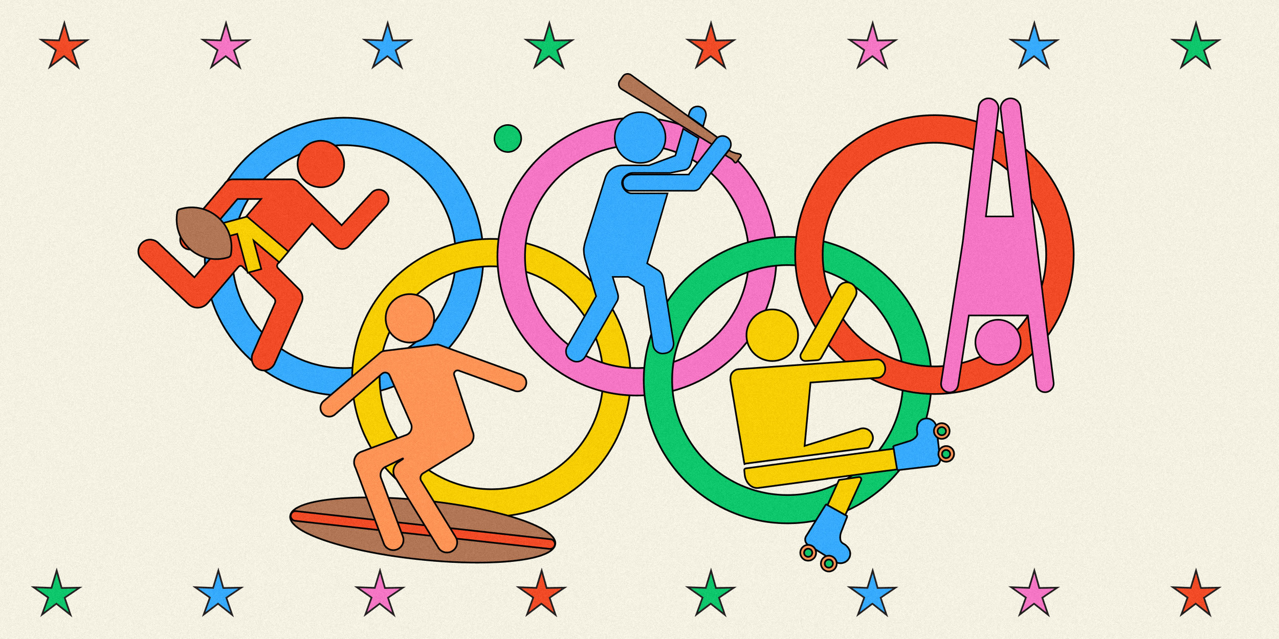 Illustration of figures playing various sports within Olympic rings 
