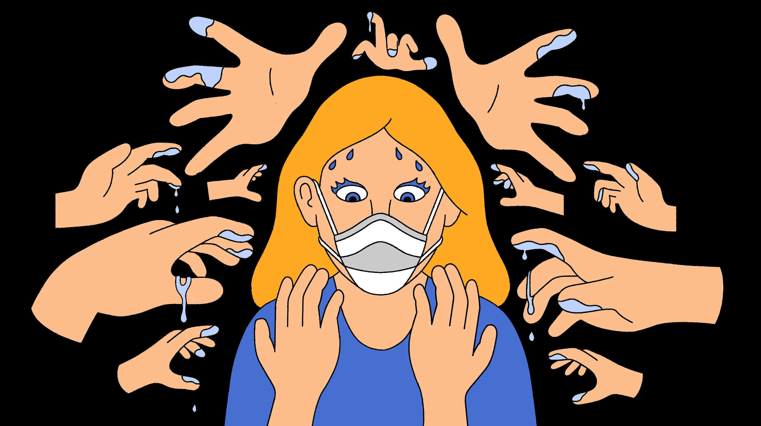 Illustration of woman wearing mask starting at her own hands while ghost hands surround her.