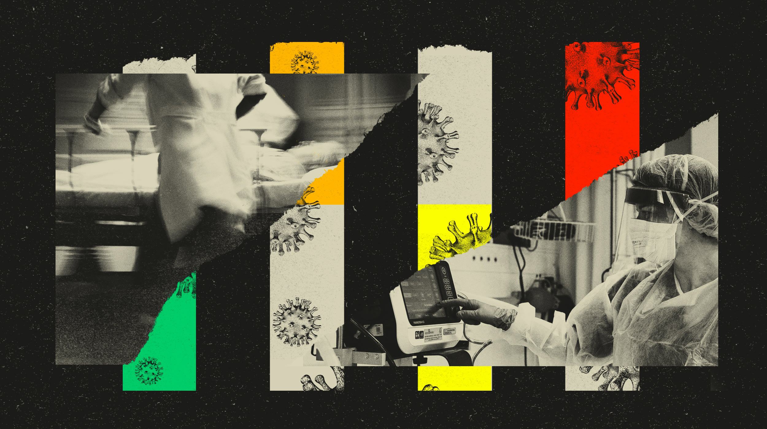 Photo illustration of hospital scenes and the coronavirus.