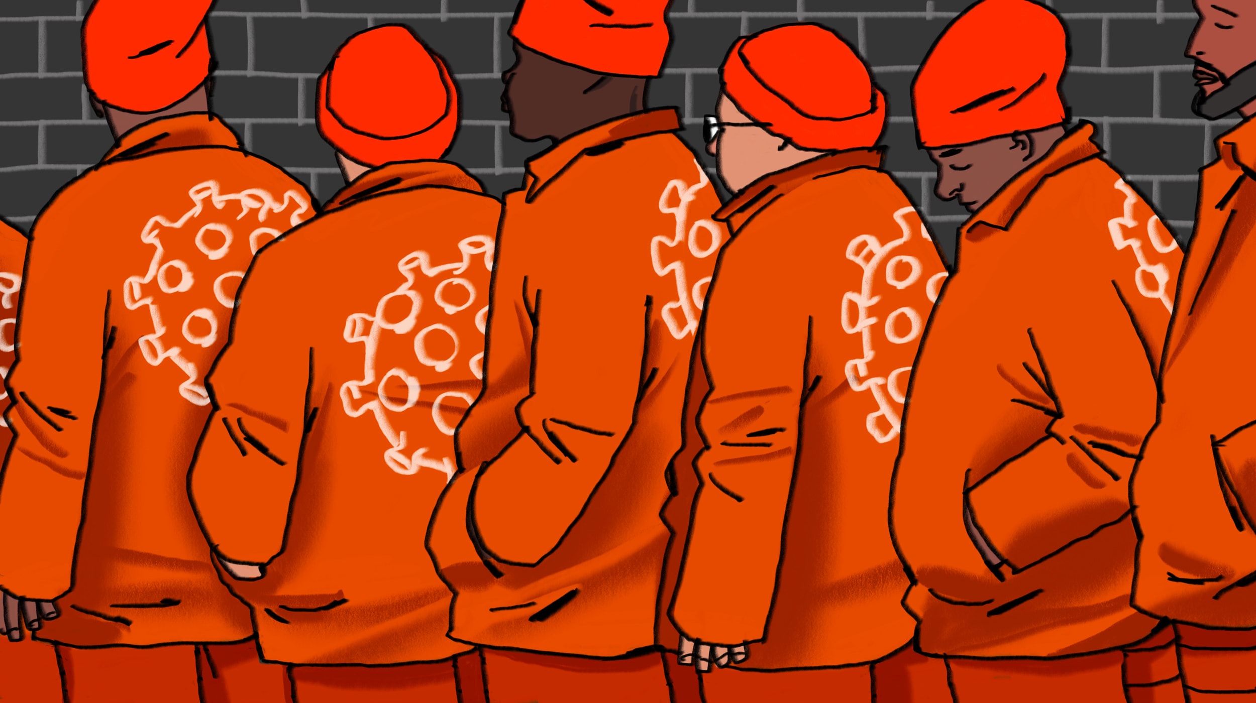 Illustration of incarcerated men in line at a prison with large coronavirus cells drawn on the backs of the jackets.
