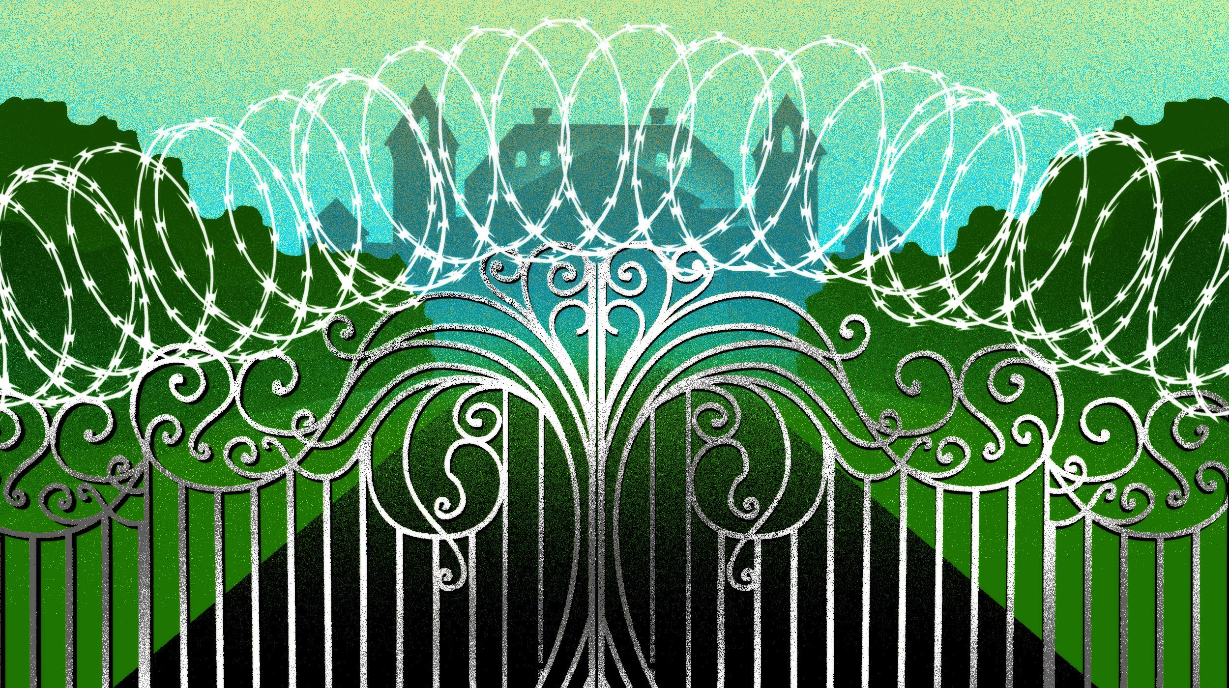 Image: An ornate gate topped with barbed wire leading to a silhouetted mansion.