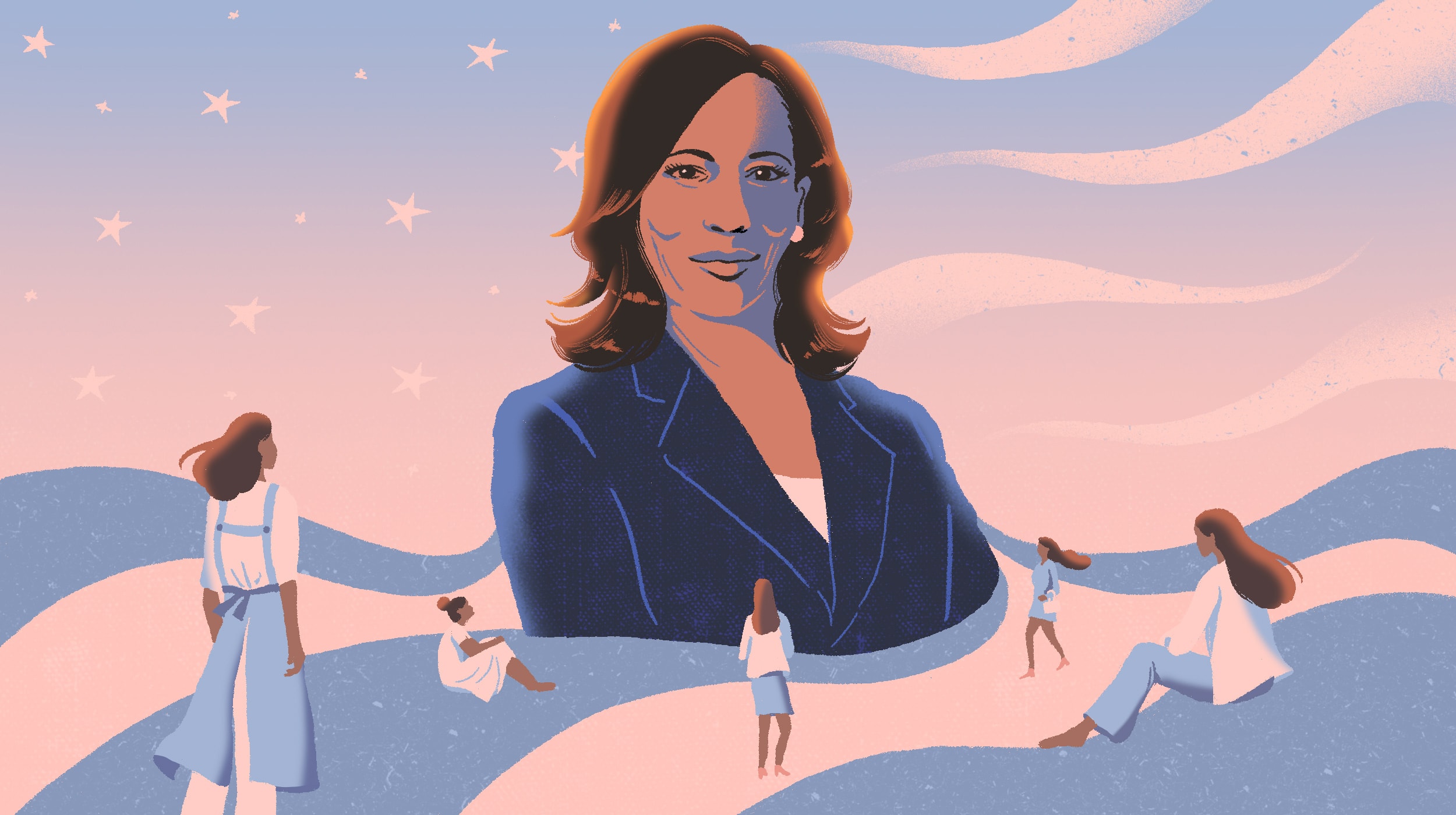 Illustration of Kamala Harris standing in front of a flag motif. South Asian women look at her.