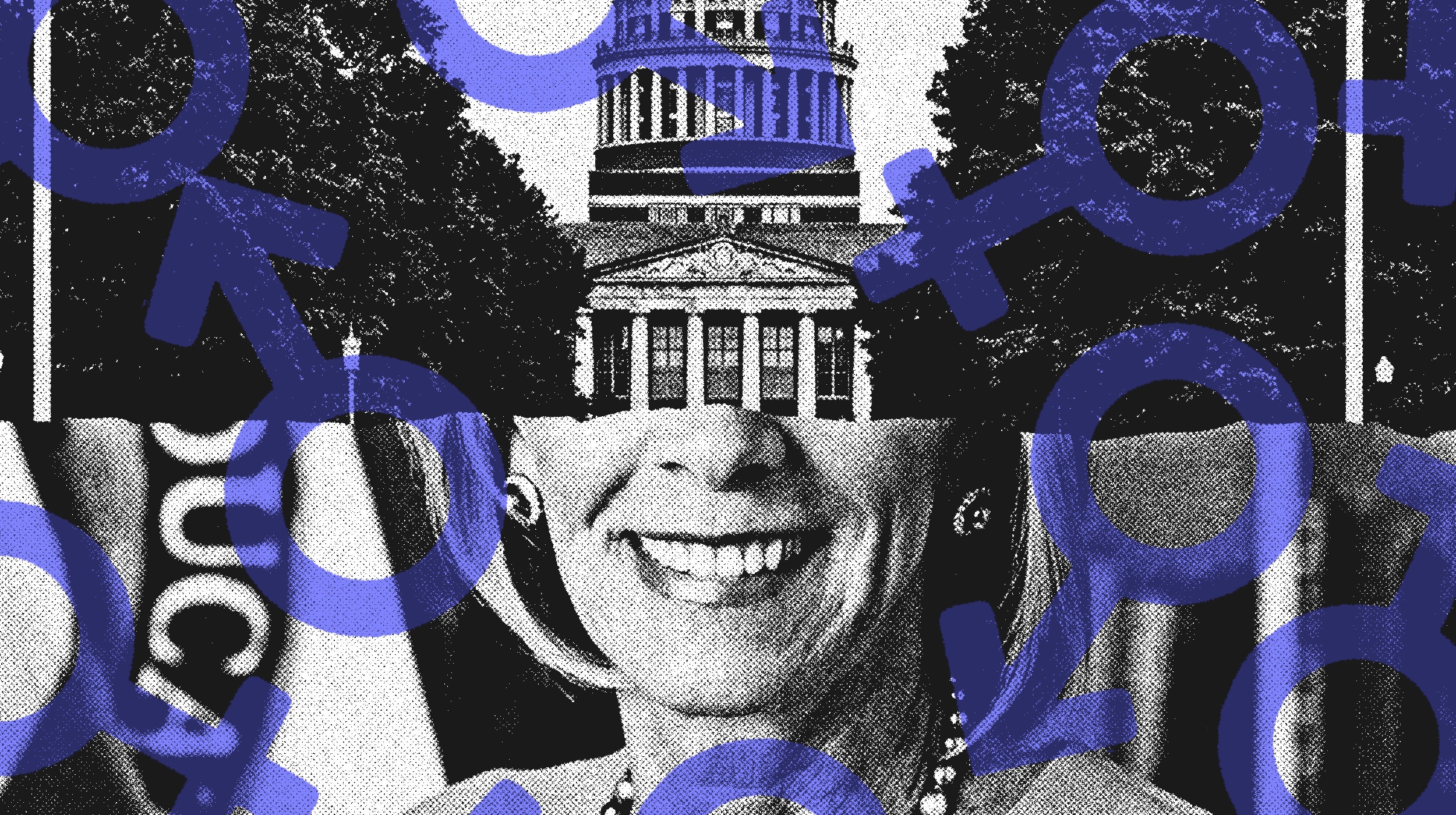 Photo illustration of University of Rochester and Betsy deVos with feminism symbol overlaid.
