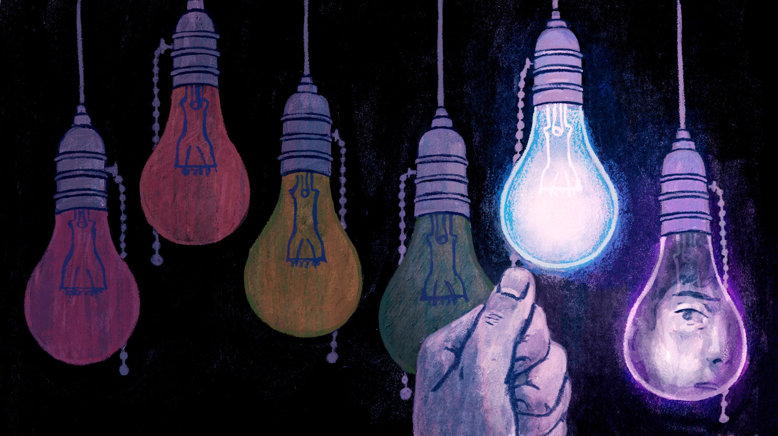 Illustration of hand turning off lightbulbs in the colors of the LGBTQ flag.