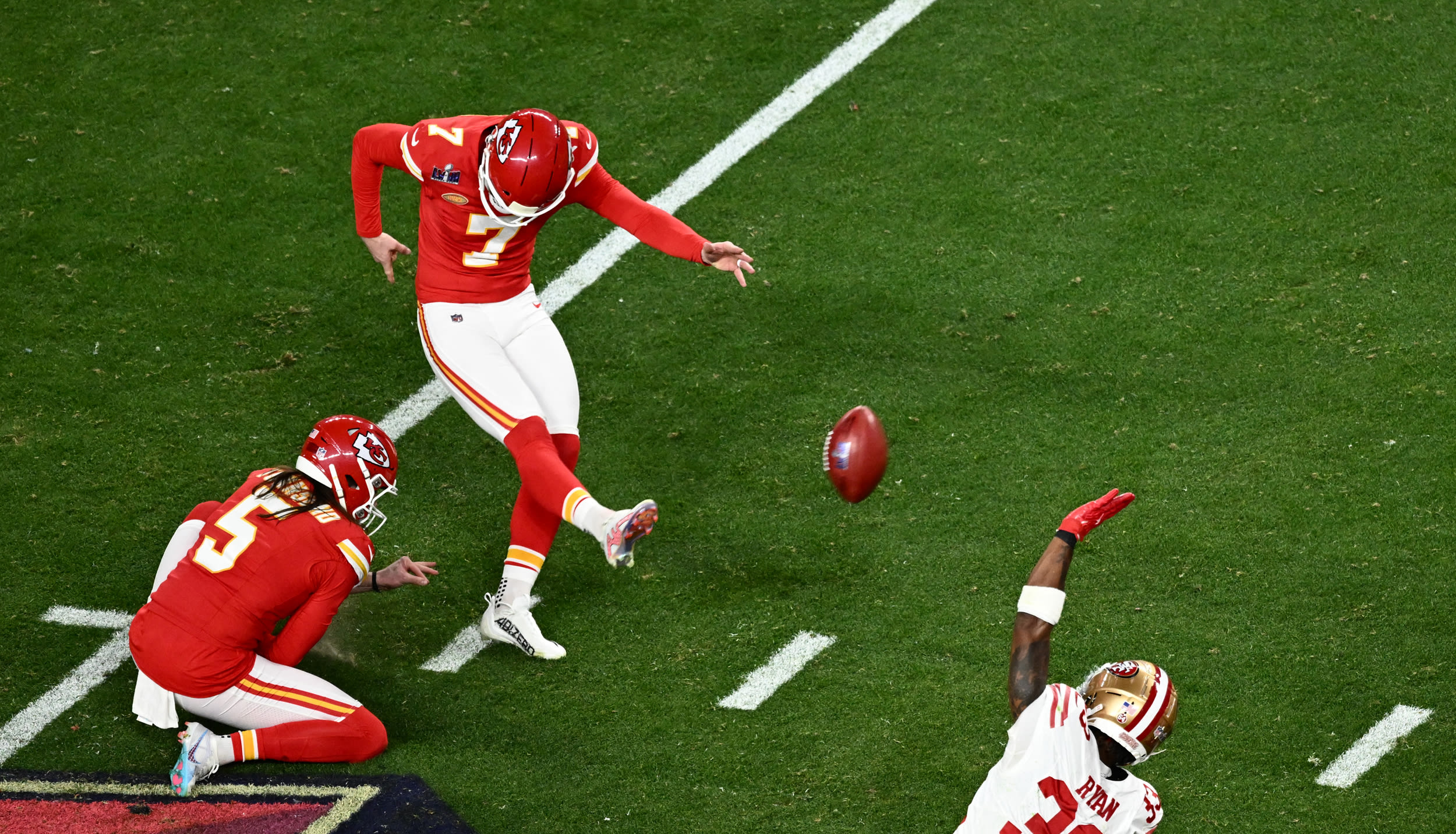 Kansas City Chiefs' kicker #07 Harrison Butker ties and sends the game to overtime during Super Bowl LVIII between the Kansas City Chiefs and the San Francisco 49ers at Allegiant Stadium in Las Vegas, Nevada, February 11, 2024.