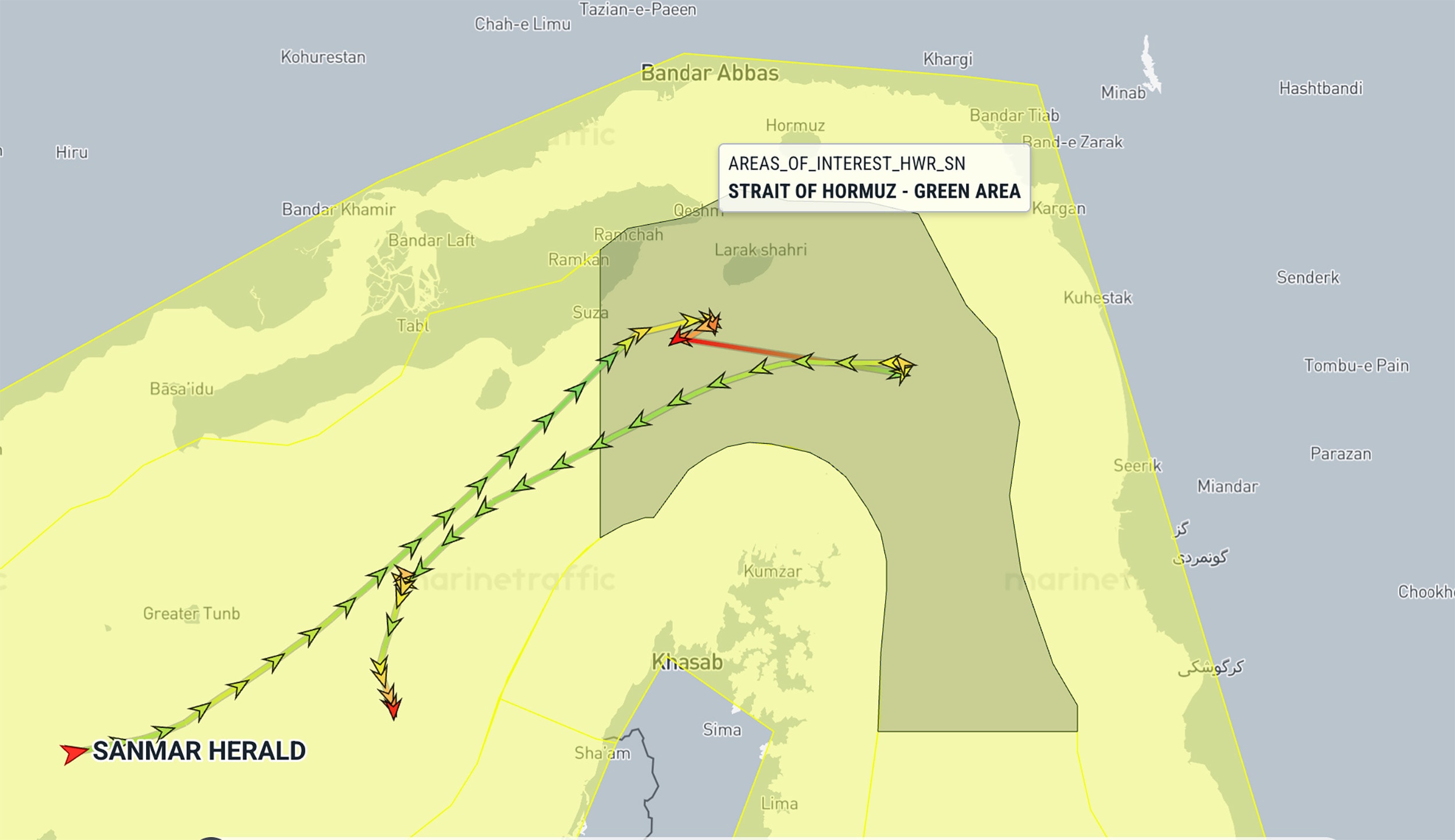 MarineTraffic 24-hour snapshot showing the moments the SANMAR HERALD entered the Strait of Hormuz, before doubling back after Iranian military fire.