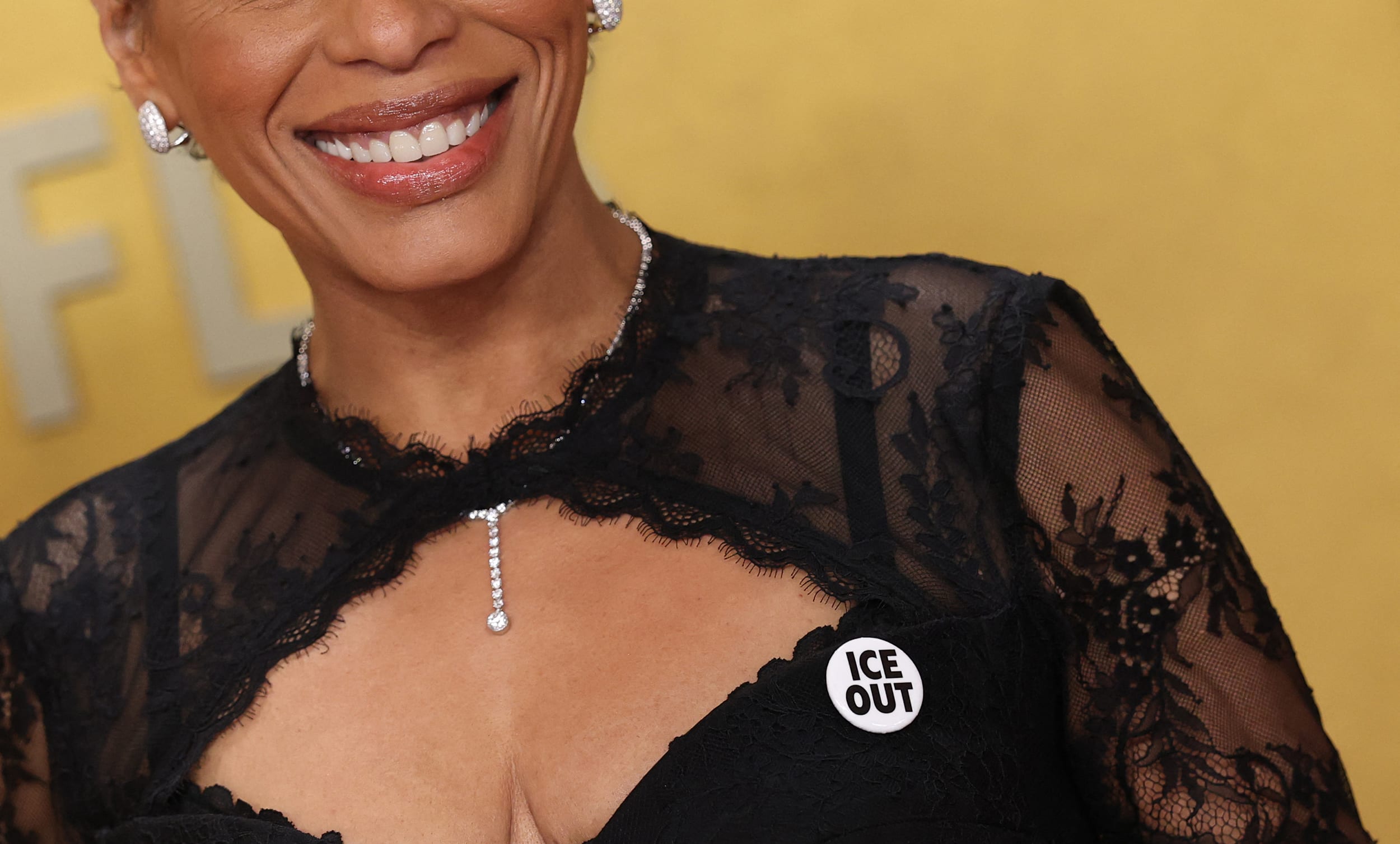 "The Bear" actress Liza Colon-Zayas wears a ICE OUT pin as she attends the 32nd Annual Actor Awards at the Shrine Auditorium in Los Angeles on Monday.