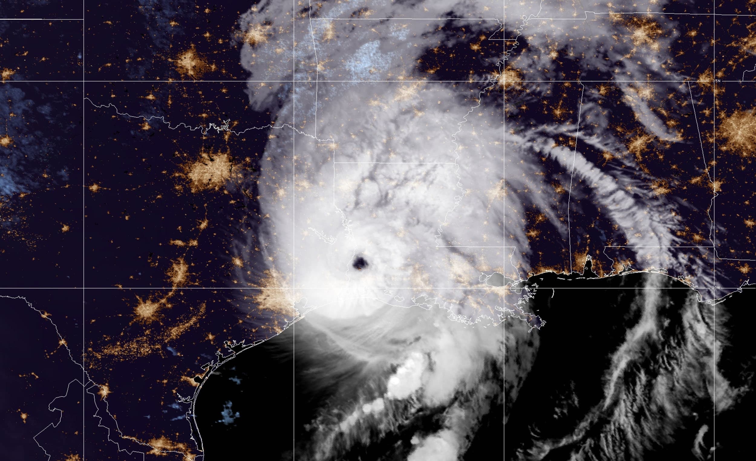 Image: A satellite image showing the progress of Hurricane Laura over the Gulf of Mexico on Aug. 27, 2020.