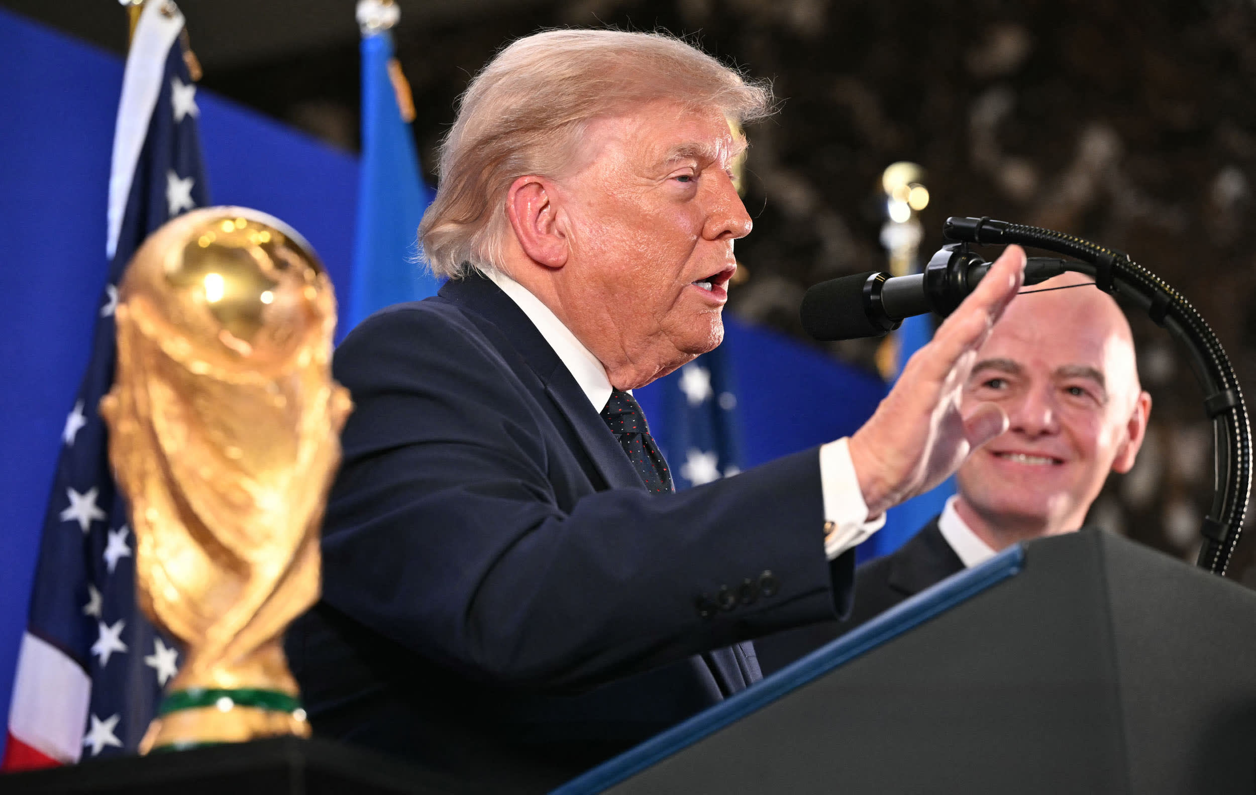 President Gianni Infantino smiles as President Donald Trump speaks during a FIFA reception at Trump Tower in New York on July 17, 2026. 